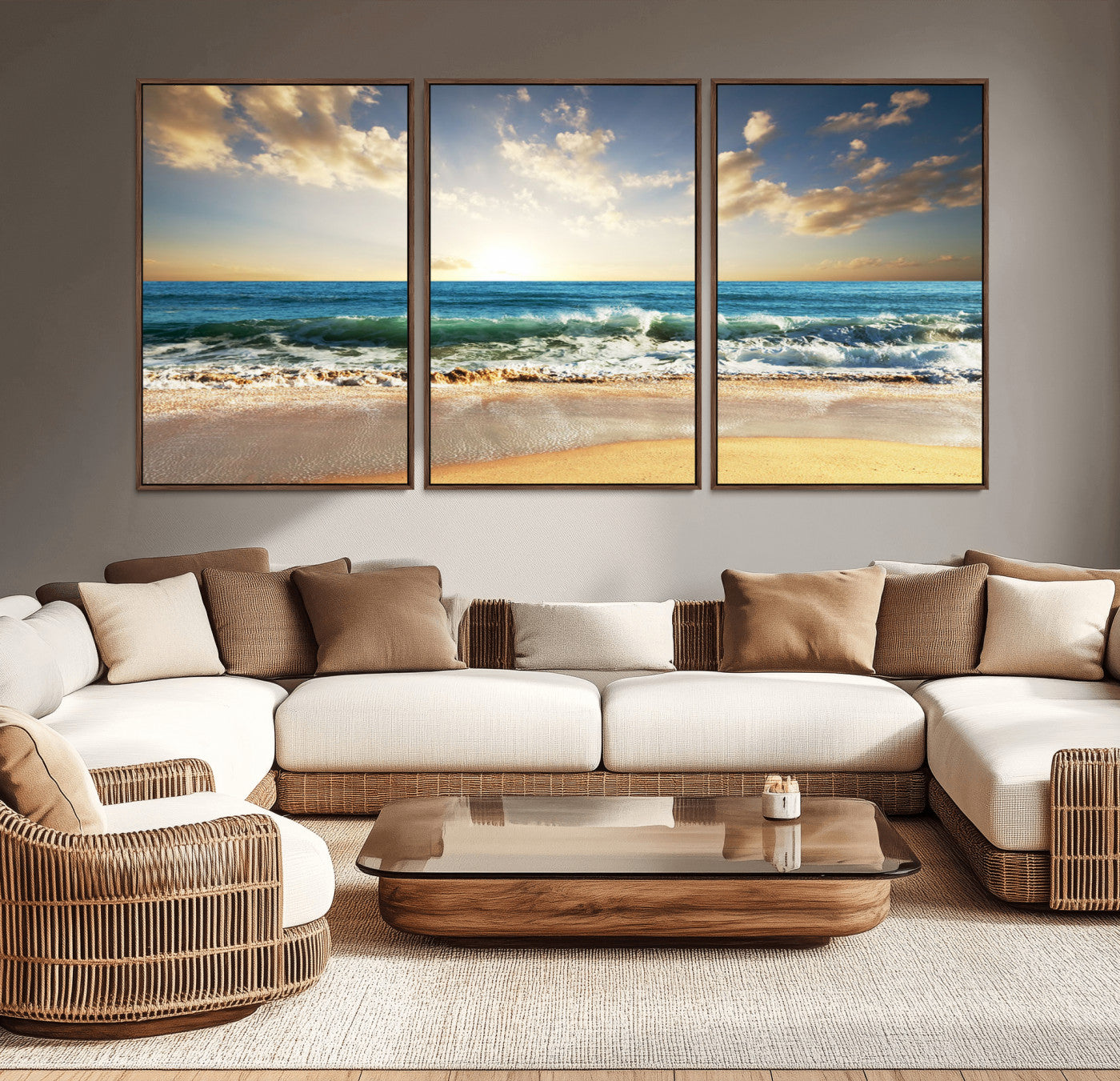 MGV-FC-60X30-3P - Golden Sunset Beach Triptych Canvas Wall Art for Living Room – 3-Panel Ocean View, Framed & Ready to
