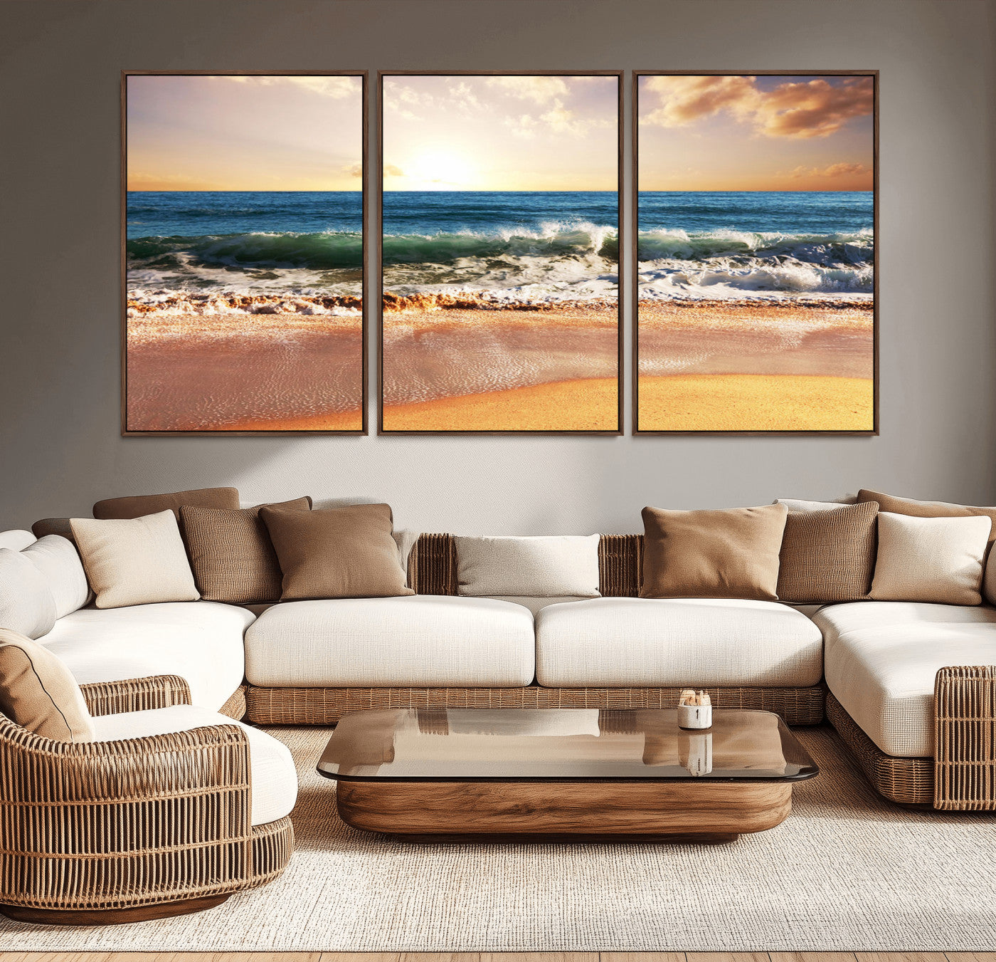 MGV-FC-60X30-3P - Sunset Beach Wall Art - 3-Panel Framed Canvas Print, Ready to Hang Ocean Sunset for Coastal and