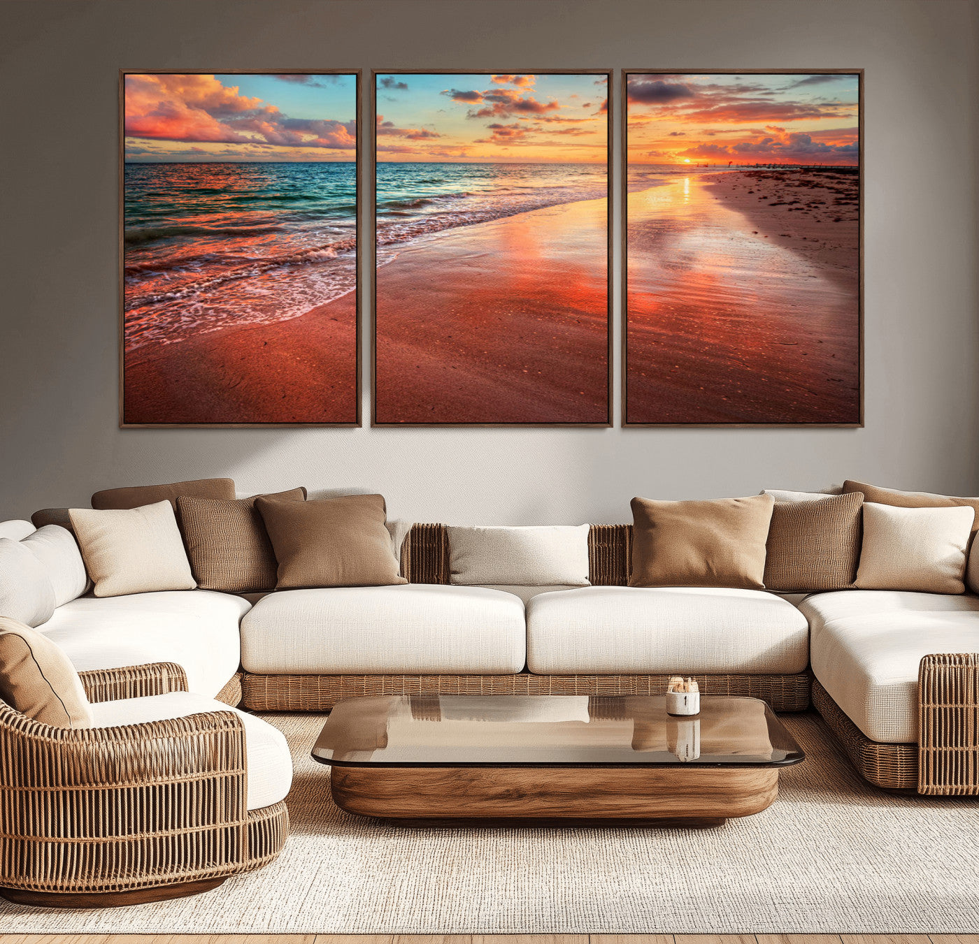 MGV-FC-60X30-3P - Sunset Beach Wall Art | Ocean Canvas Print | Coastal Wall Art | Tranquil Sunset Canvas Print