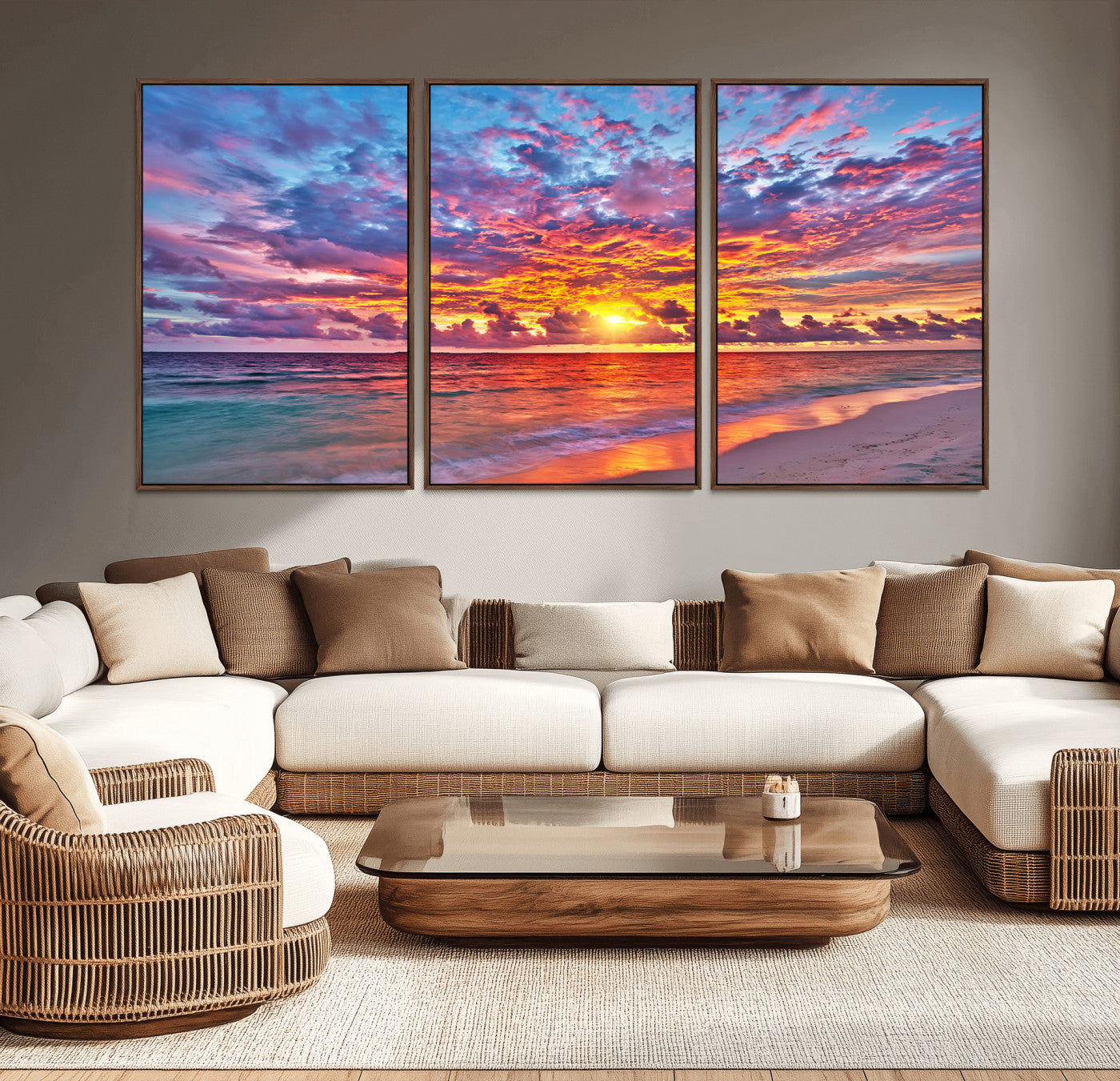 MGV-FC-60X30-3P - Vibrant Sunset Beach Wall Art - Ocean Sunset Canvas Print | Coastal Wall Art Decor Stunning Sunset