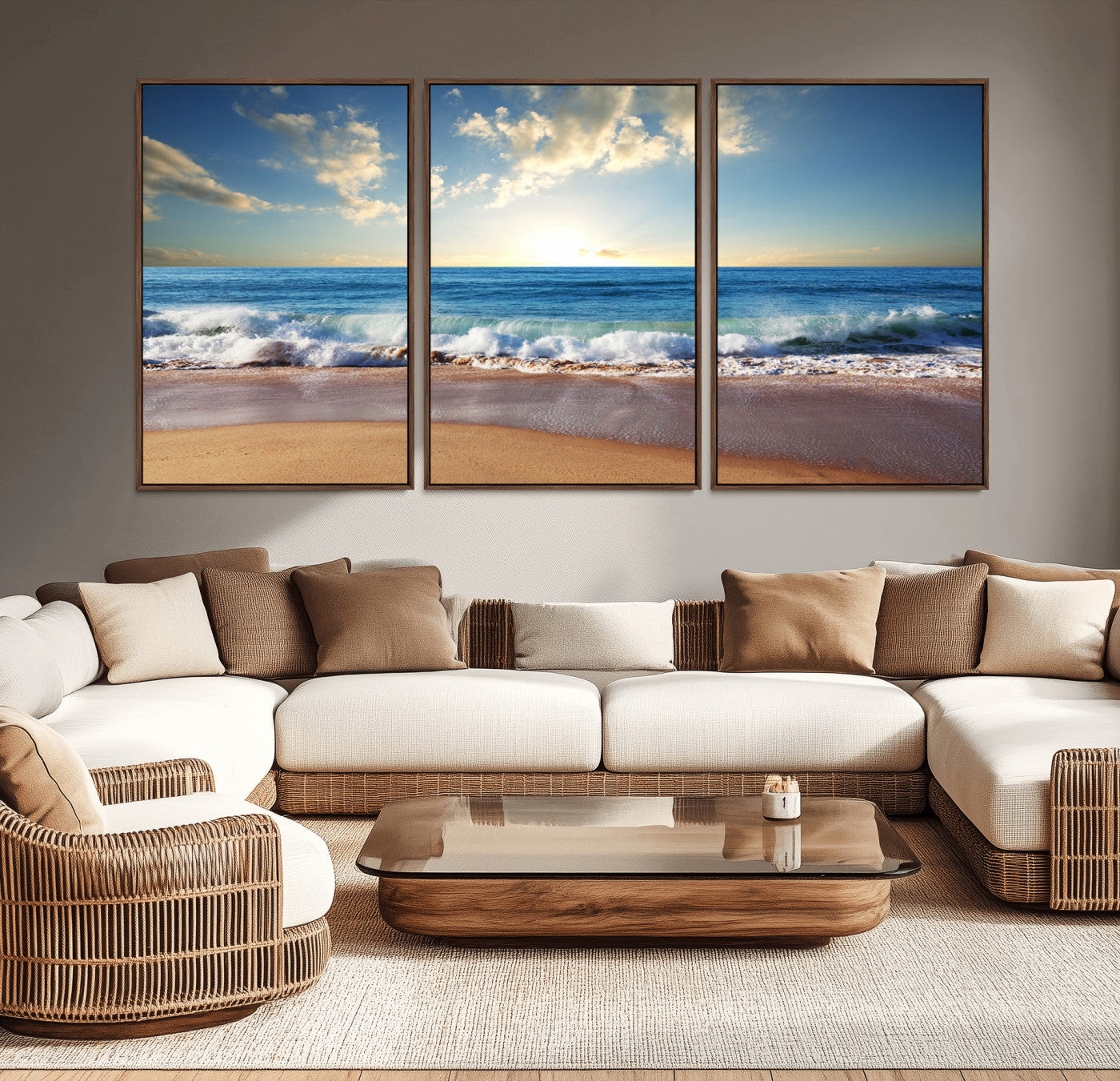 MGV-FC-60X30-3P - Serene Ocean Sunset Canvas Wall Art - Beach Waves at Sunset, Ready to Hang