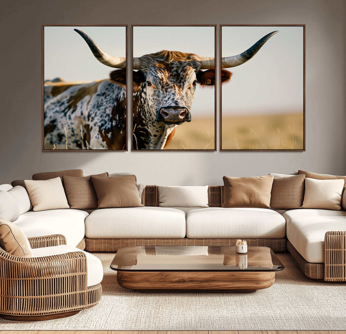 MGV-FC-60X30-3P - Texas Bull Longhorn Wall Art Canvas Print for Farm House Wall Decor, Farmhouse Wall Art Print