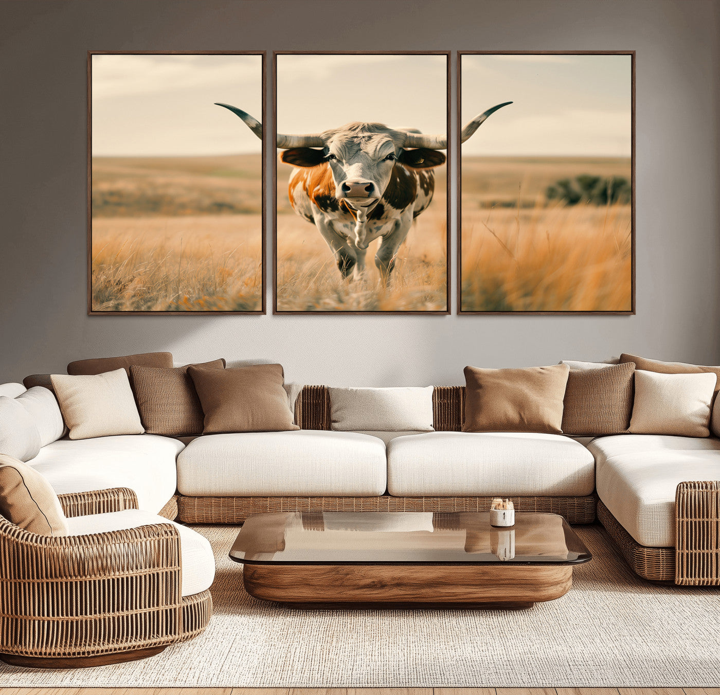 MGV-FC-60X30-3P - Texas Cow Wall Art Canvas Print for Farm House Wall Decor, Farmhouse Wall Art Print