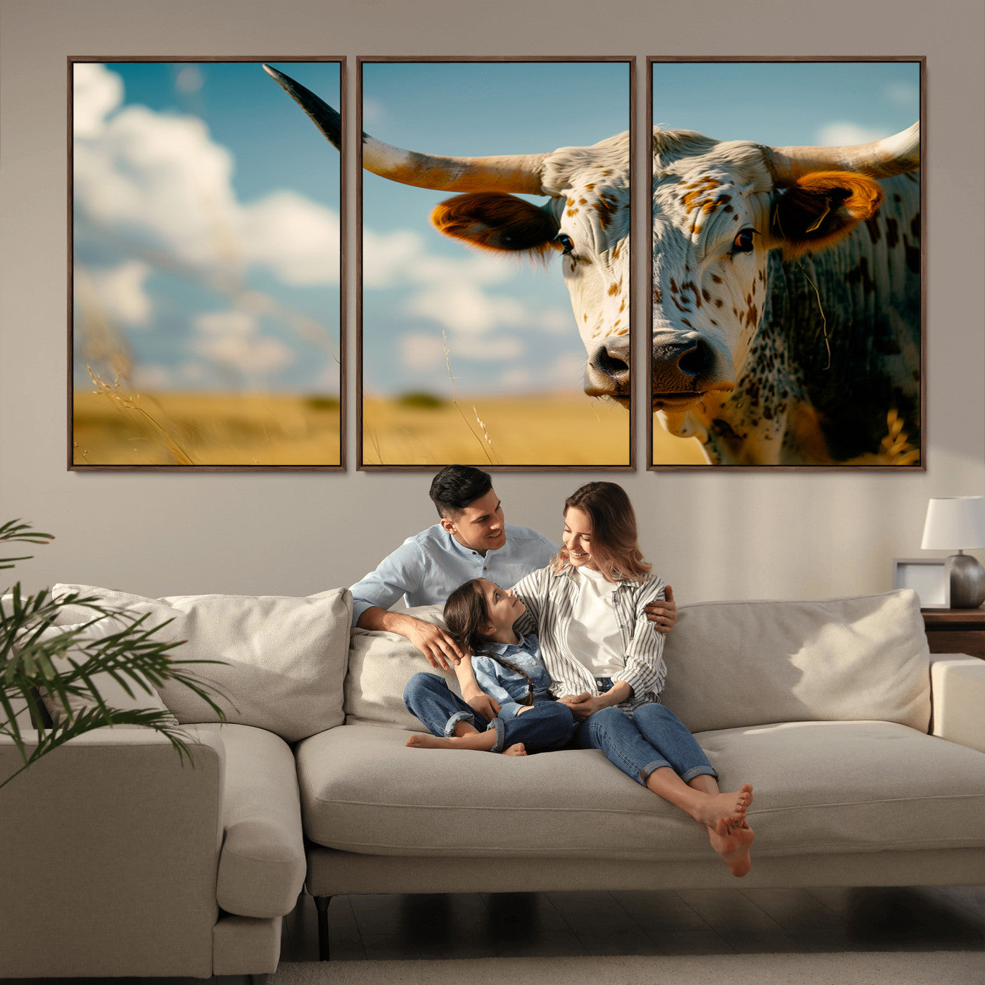 MGV-FC-60X30-3P - Longhorn in the Prairie - Stunning Ranch-Style Triptych Wall Art for Western Home Decor, Cowboy Wall