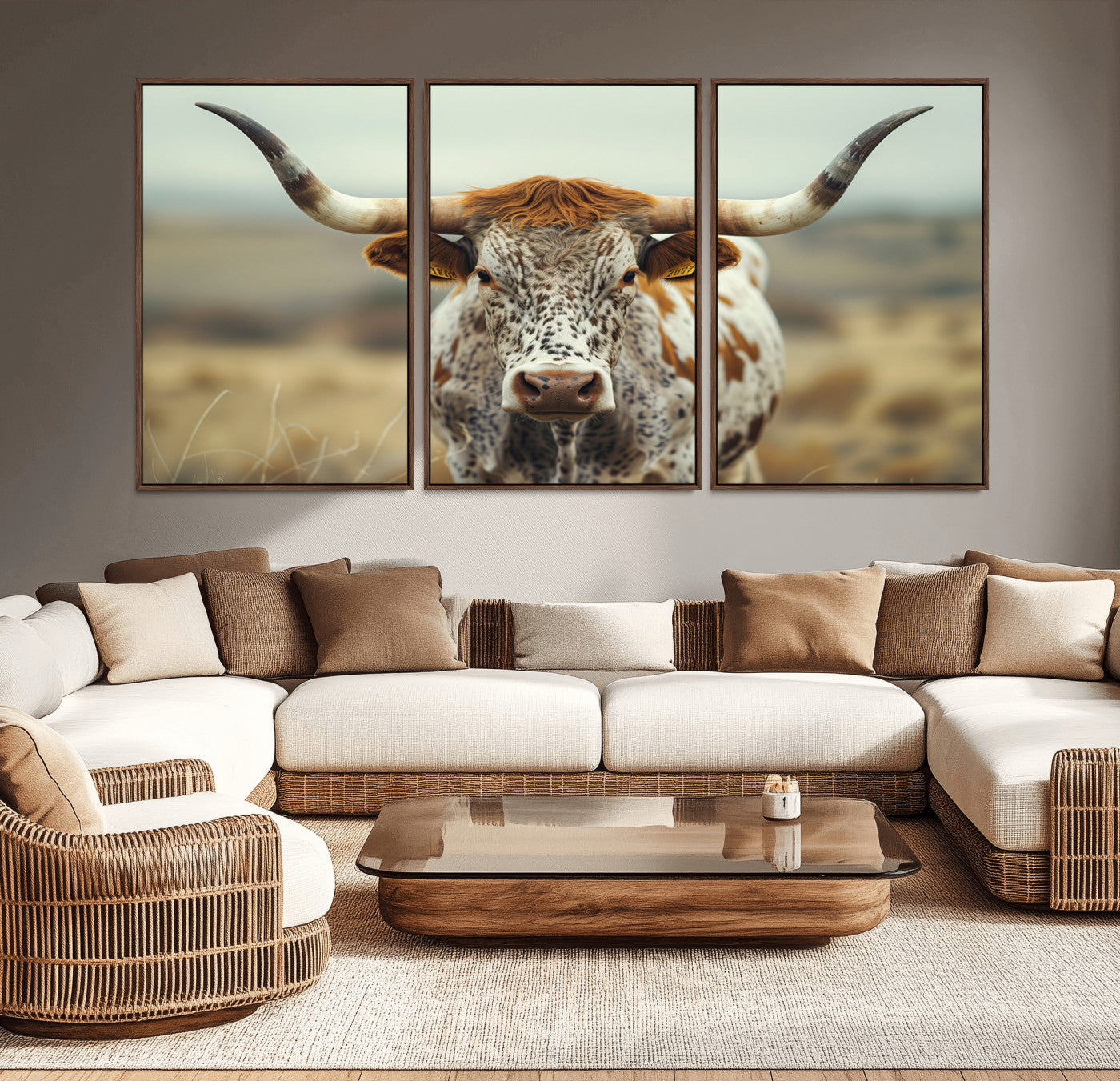 MGV-FC-60X30-3P - Texas Cow Longhorn Wall Art Canvas Print for Farm House Wall Decor, Farmhouse Wall Art Print