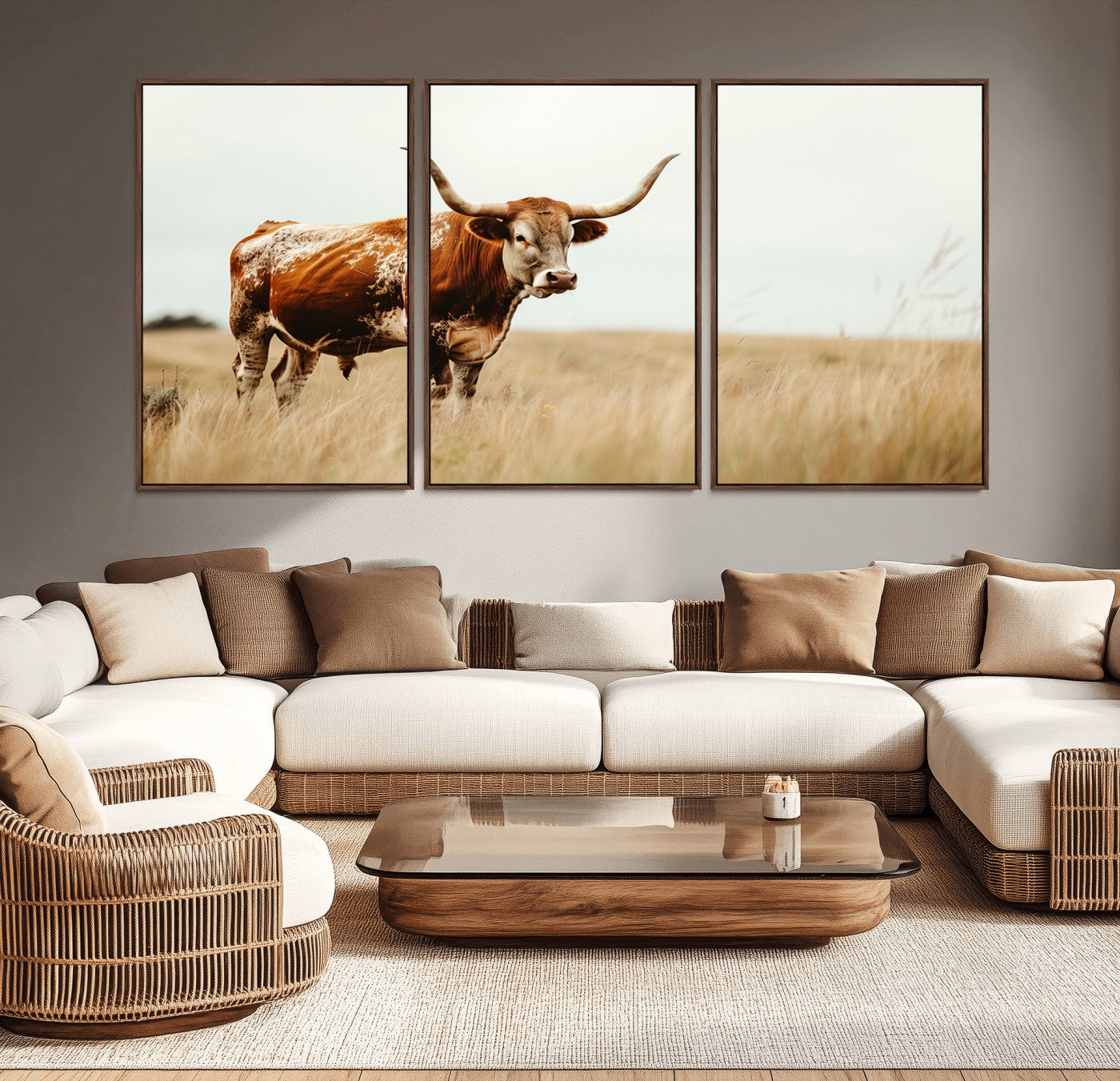 MGV-FC-60X30-3P - Texas Longhorn Canvas Wall Art Print – Majestic Western Cattle in Rustic Farmhouse Decor – Cow Wall