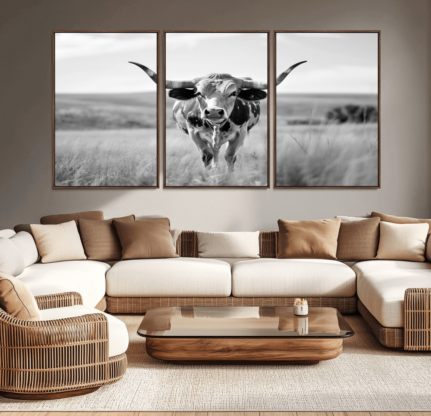 MGV-FC-60X30-3P - Texas Cow Longhorn Wall Art Canvas Print for Farm House Wall Decor, Farmhouse Wall Art Print