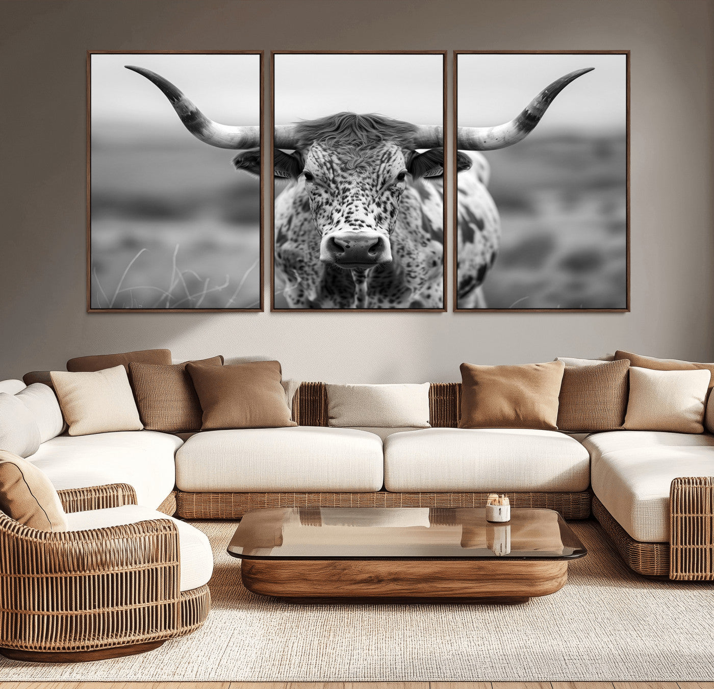 MGV-FC-60X30-3P - Texas Cow Longhorn Wall Art Canvas Print for Farm House Wall Decor, Farmhouse Wall Art Print