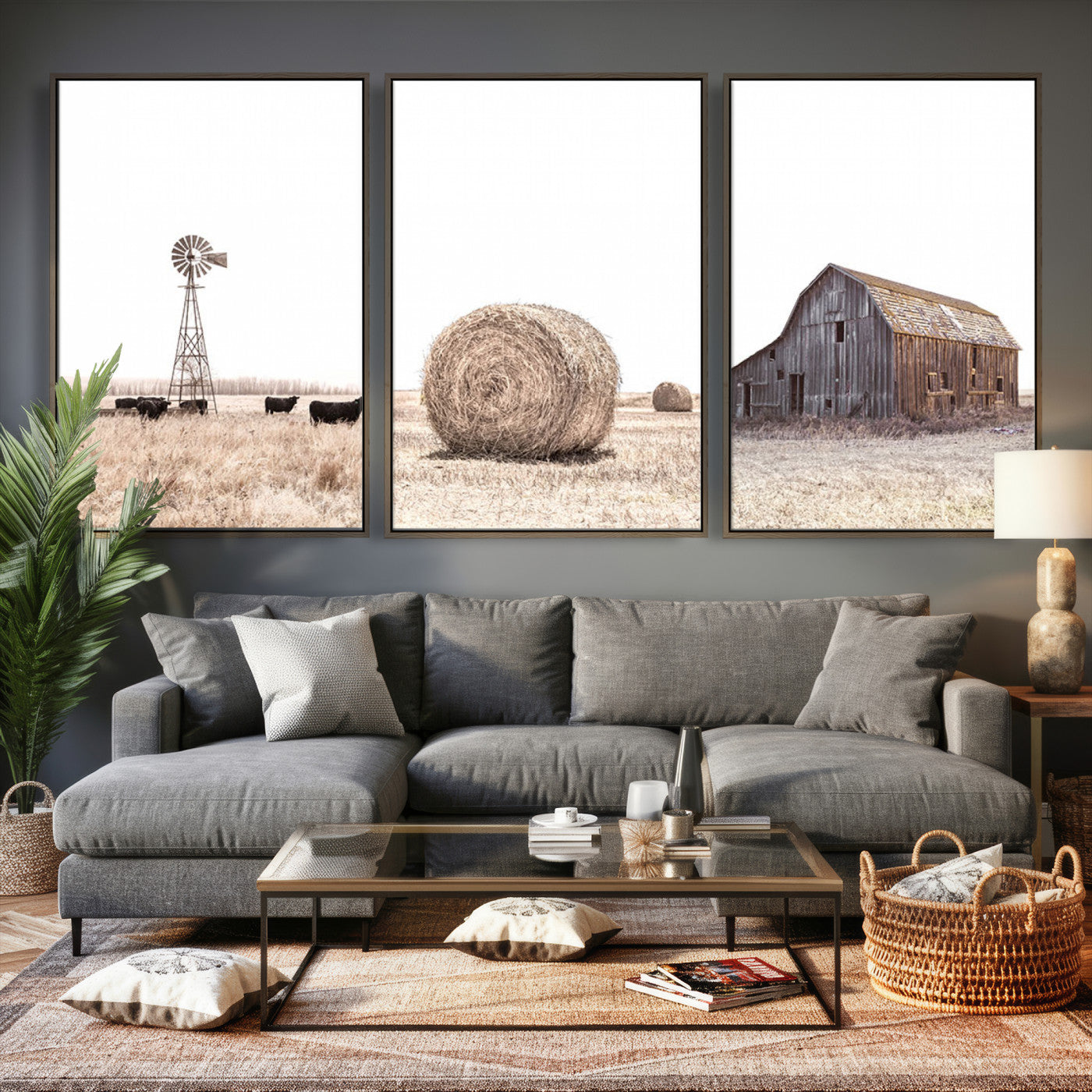 30918-MGV-CV-60X30-3P - Rustic Farmhouse Wall Art Set of 3 – Country Barn and Wheat Field | Farm Prints for Country Home and