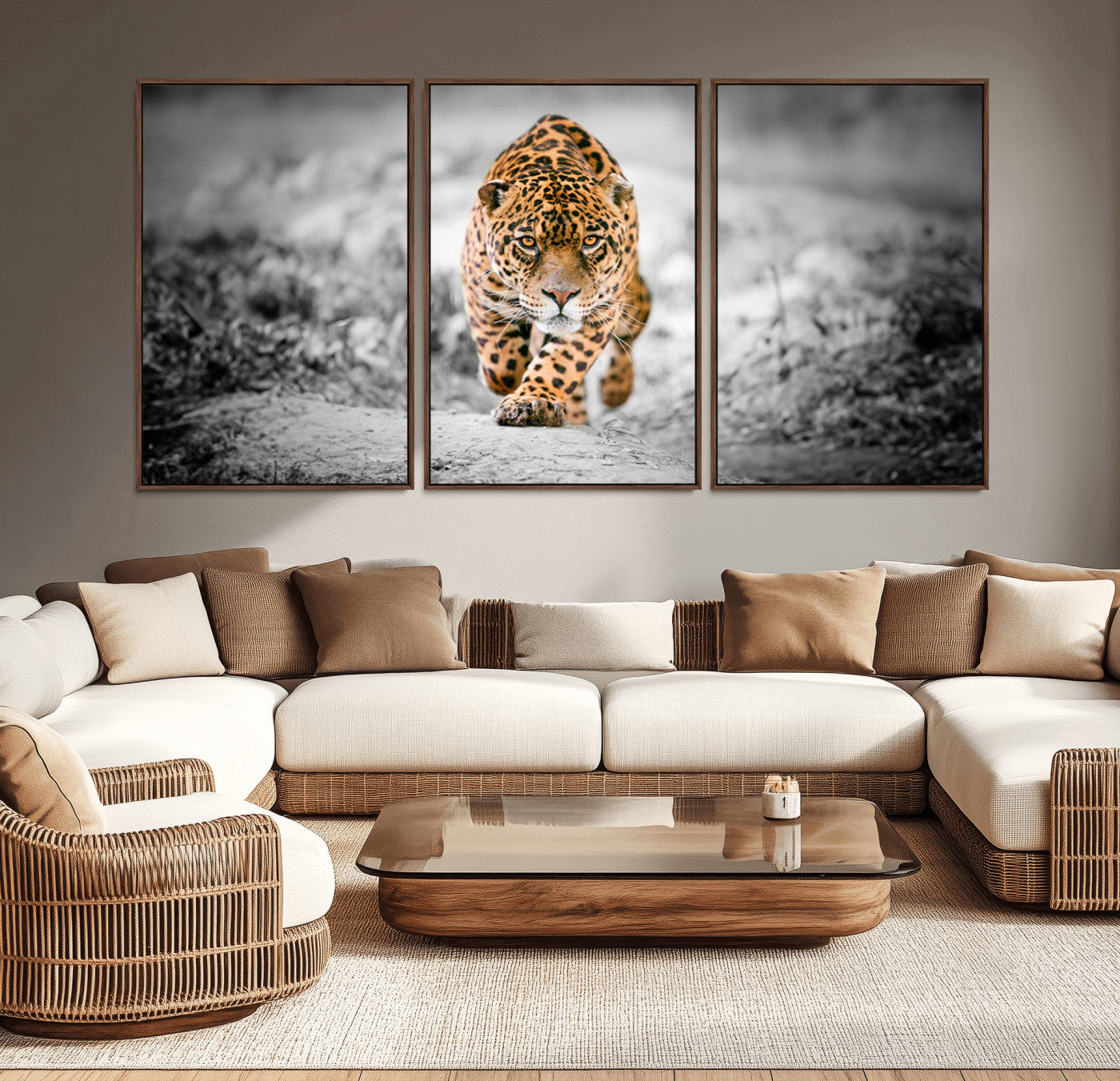 MGV-FC-60X30-3P - Jaguar Wall Art Canvas Print - Majestic Big Cat in Focused Pursuit - Ready to Hang