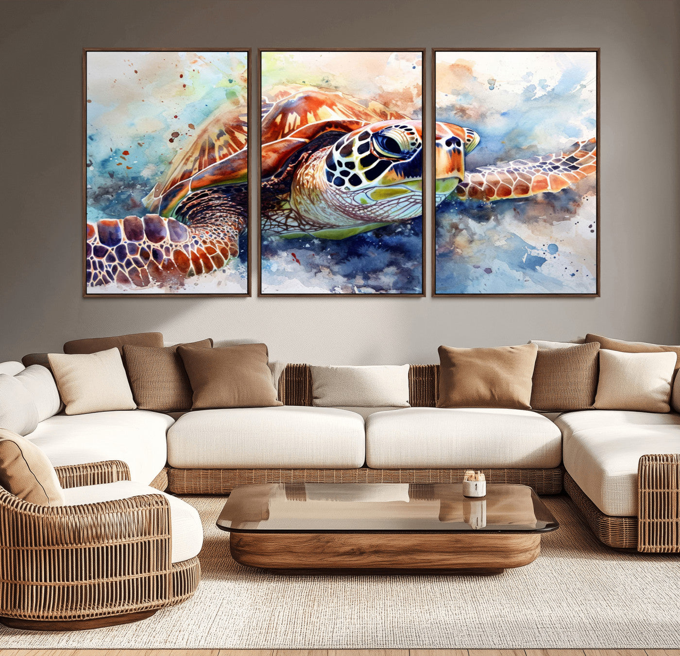 MGV-FC-60X30-3P - Watercolor Sea Turtle Wall Art Canvas Print - Vibrant Ocean Colors in Watercolor Style - Ready to