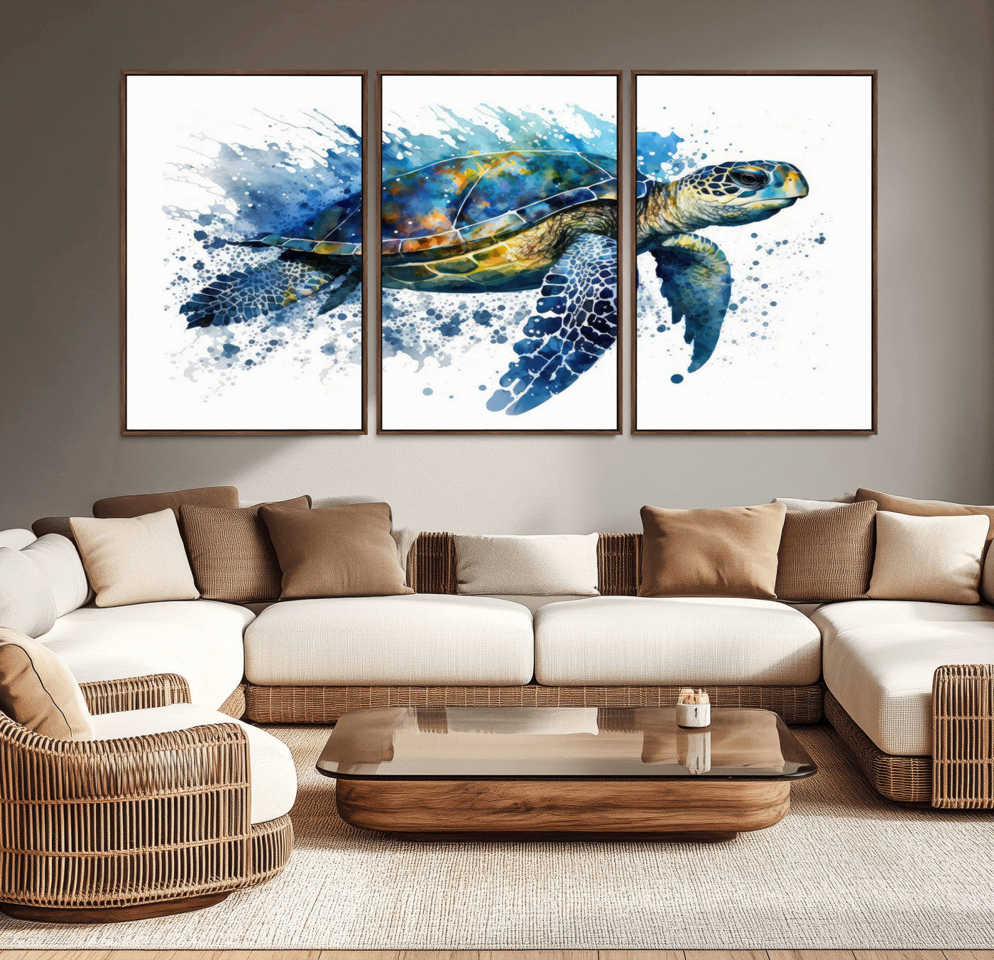 MGV-FC-60X30-3P - Turtle Wall Art Canvas Print, Framed Watercolor Turtle Art Picture Print, Ocean Life Perfect Nautical Decor Artwork