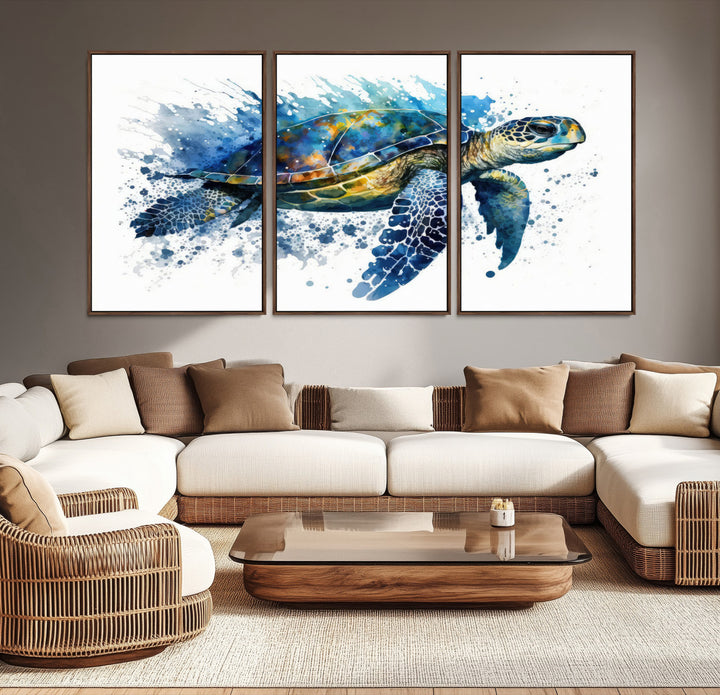 A living room features an eco-friendly inks sea turtle art print from [Keyword] Canvas Wall Art.