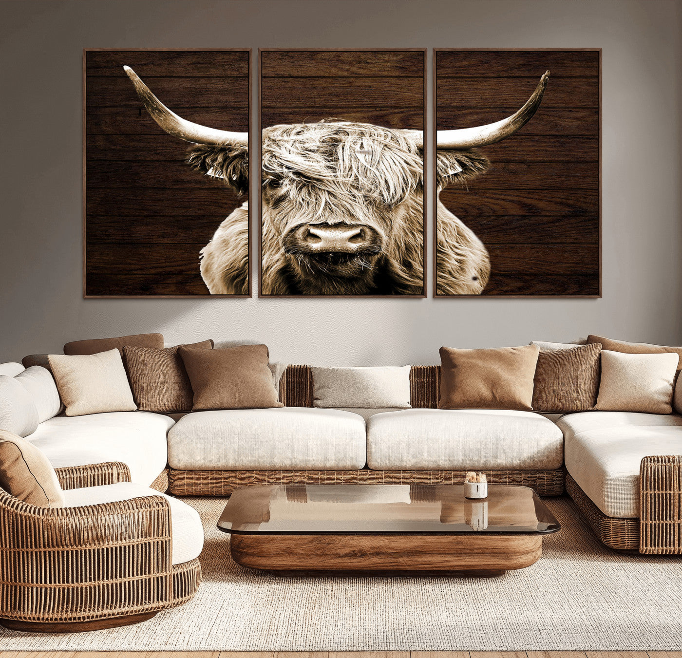 MGV-FC-60X30-3P - Highland Cow Wall Art Canvas Print, Rustic Farmhouse Decor, Majestic Scottish Highland Bull Portrait