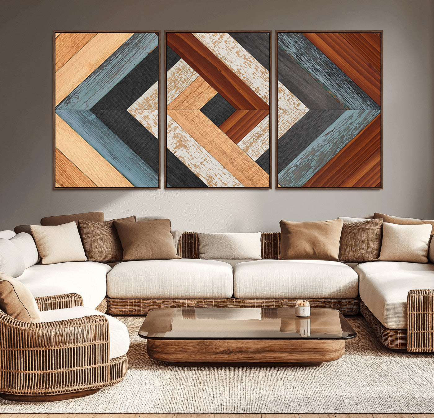 MGV-FC-60X30-3P - Geometric Wood Art Wall Decor Canvas Print, Rustic Wooden Pattern Triptych Wall Art for Living Room