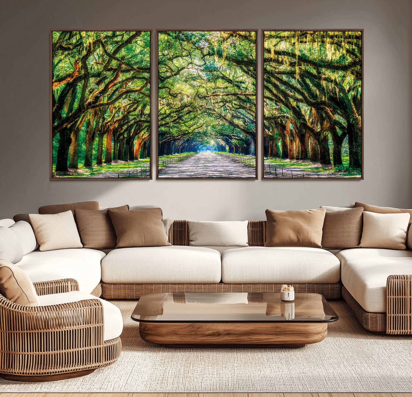 MGV-FC-60X30-3P - Serene Tree Tunnel Wall Art Canvas Print – Pathway Under Canopy of Lush Green Trees, Nature-Inspired