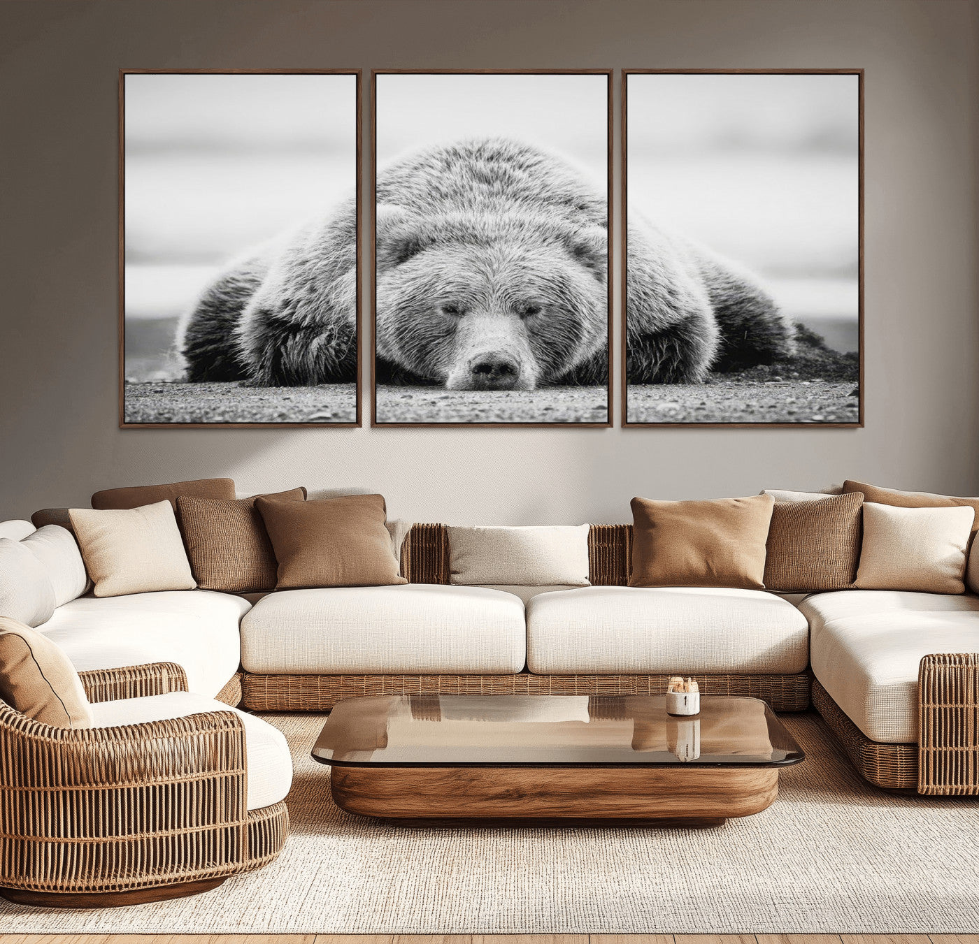 MGV-FC-60X30-3P - Resting Grizzly Bear Wall Art Canvas Print – Majestic Lazy Black and White Wildlife Bear Art,