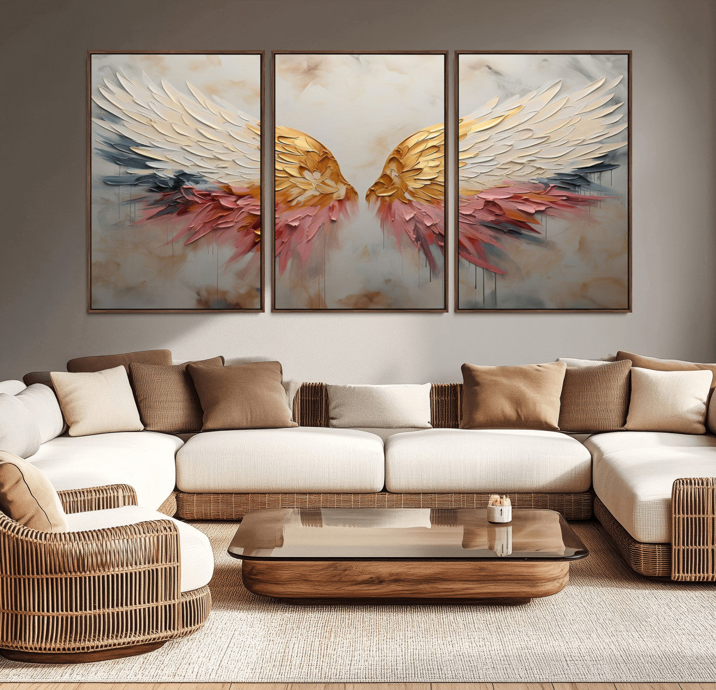 MGV-FC-60X30-3P - Golden Angel Wings Wall Art Canvas Print – Stunning Abstract Winged Art for Elegant Home Decor –