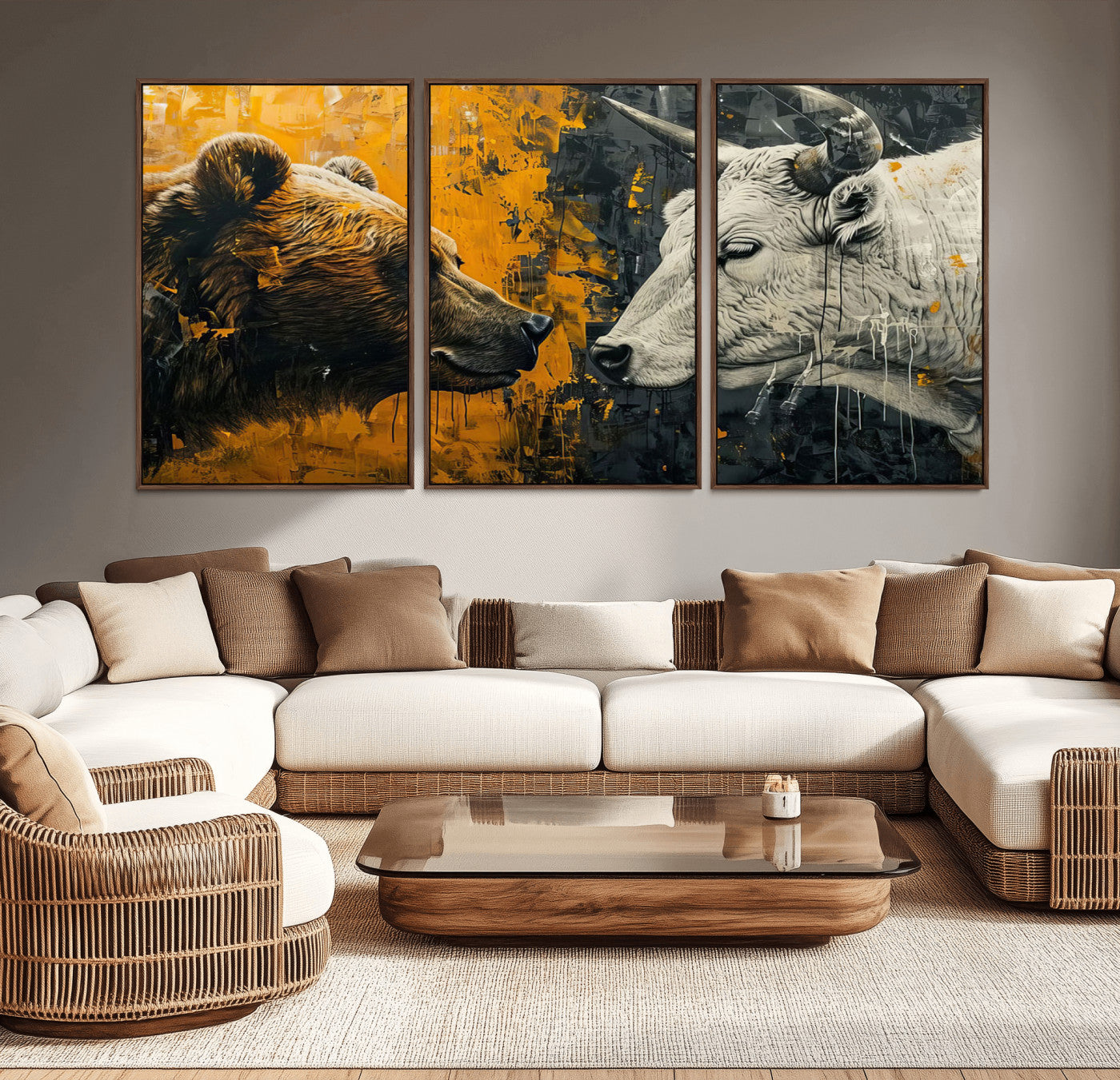 MGV-FC-60X30-3P - Bear and Bull Wall Art Canvas Print – Abstract Animal Portrait Painting for Modern Home Decor –