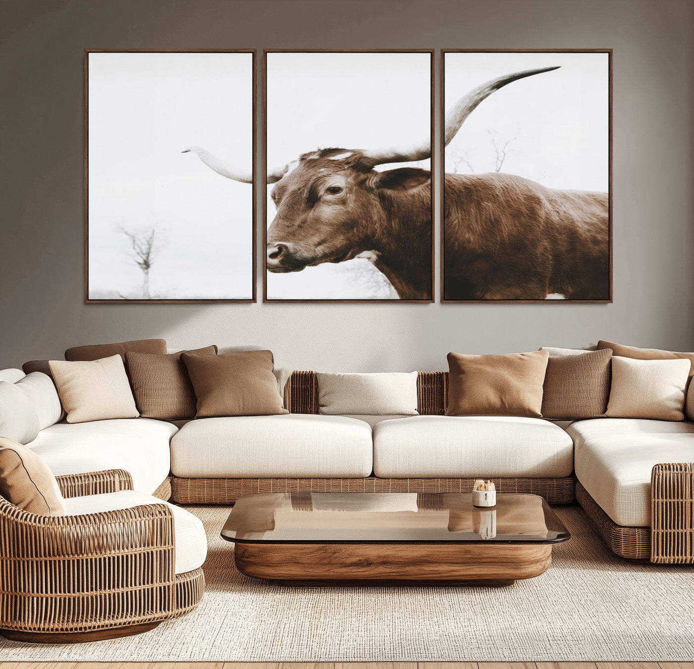 MGV-FC-60X30-3P - Rustic Bull Wall Art Canvas Print – Modern Longhorn Farmhouse Animal Decor – Abstract Farm Cow