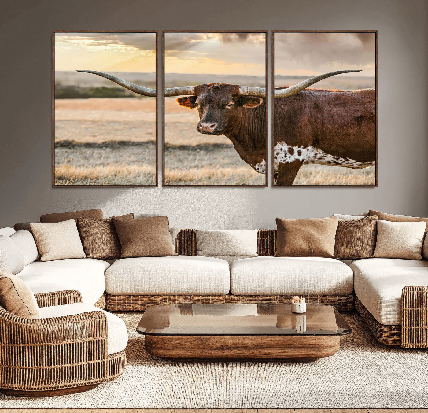 MGV-FC-60X30-3P - Texas Longhorn Wall Art Canvas Print, Rustic Ranch Decor, Majestic Western Longhorn Cattle