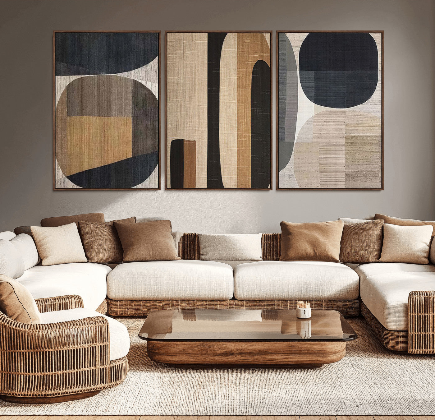 MGV-FC-60X30-3P - Abstract Minimalist Canvas Wall Art - Neutral Geometric Modern Boho Decor, Minimalist Brown Wabi