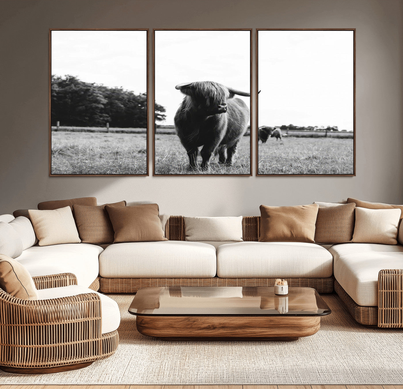 MGV-FC-60X30-3P - Black and White Highland Cow Wall Art Canvas Print | Rustic Western Decor for Living Room or Office,