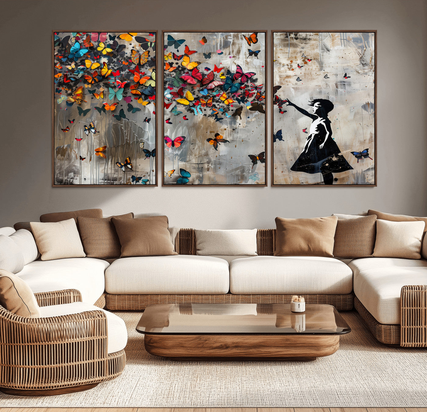MGV-FC-60X30-3P - Banksy Wall Art - Banksy Girl and Butterfly Explosion Wall Art Canvas Print | Girl with Butterflies