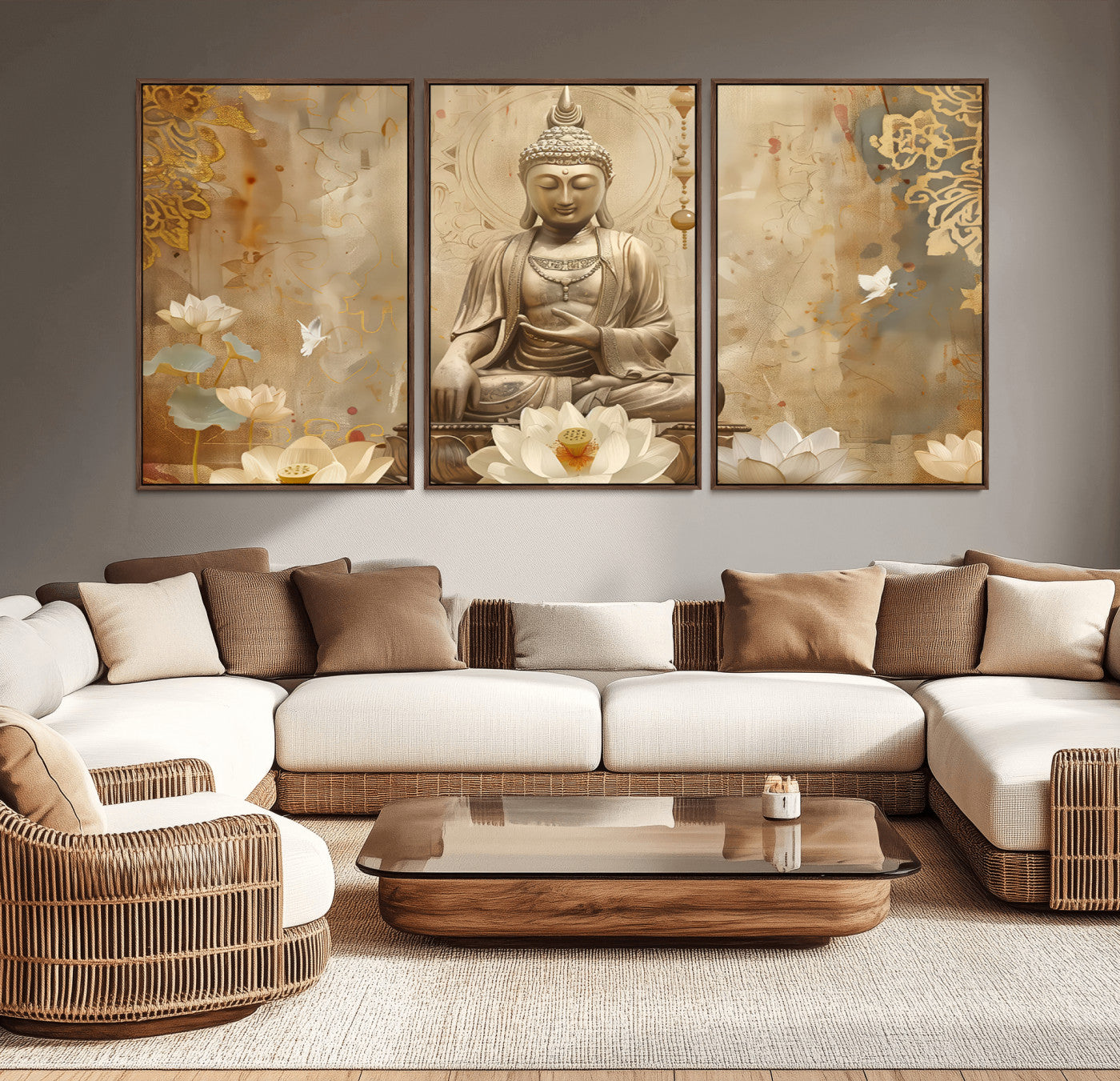 MGV-FC-60X30-3P - Buddha Wall Art Canvas Print, Buddha Meditation Room Decor, Yoga Room Wall Decor