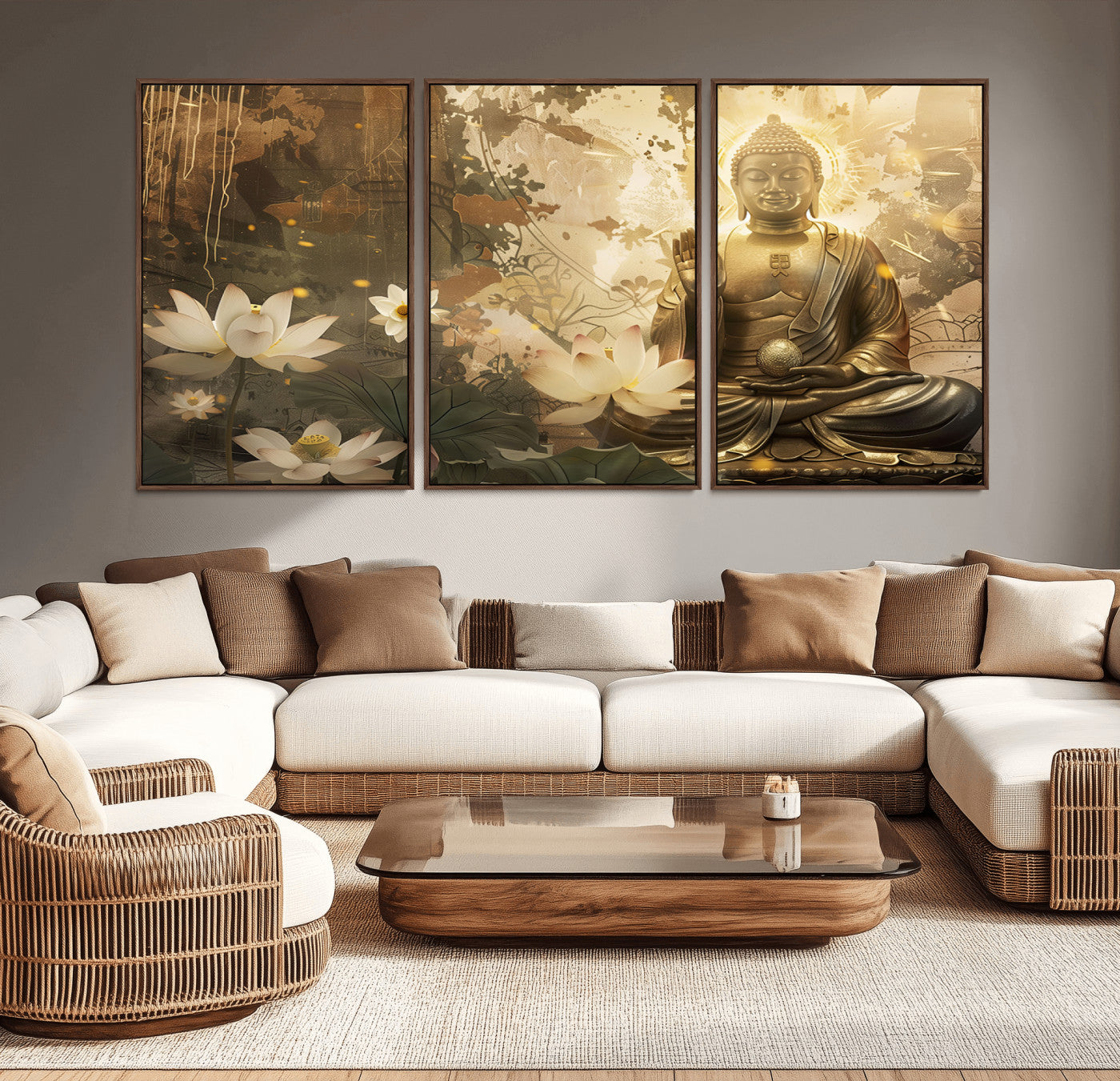 MGV-FC-60X30-3P - Zen Buddha Wall Art Canvas Print | Peaceful Meditation Decor with Lotus Flowers | Spiritual Serenity