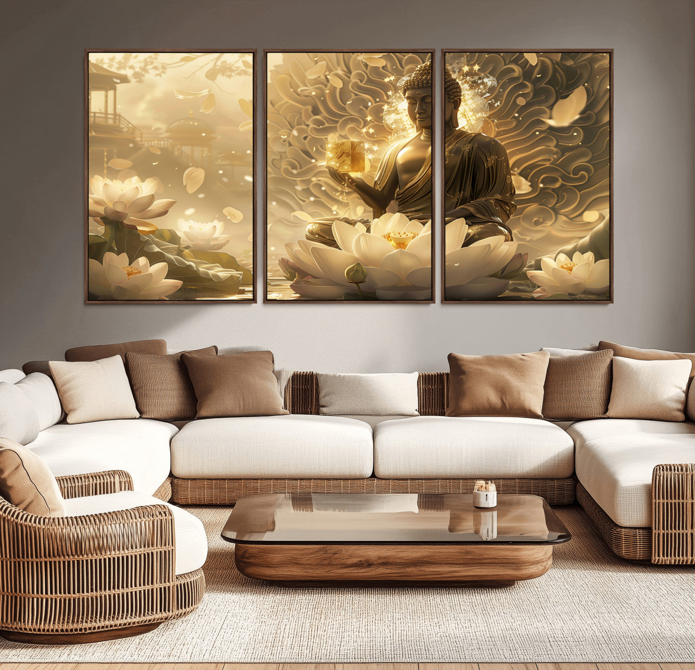 MGV-FC-60X30-3P - Golden Buddha Wall Art | Yoga Room Decor and Meditation Room Wall Art | Framed and Ready to Hang