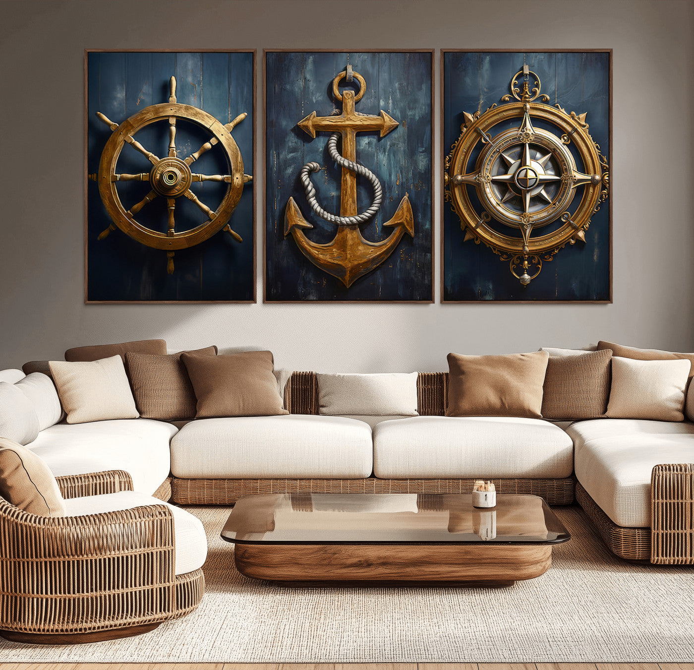 MGV-FC-60X30-3P - Boat Anchor Compass With Rope Wall Art Canvas Print | Beach House Wall Art