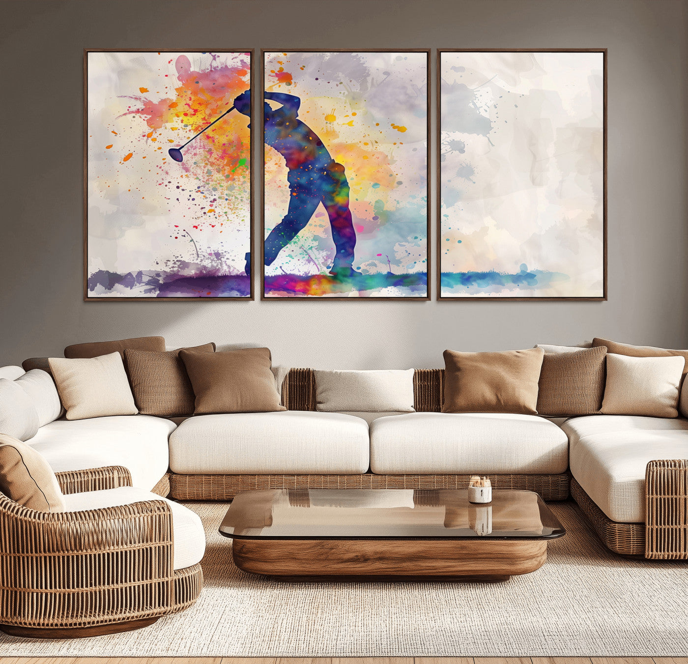 MGV-FC-60X30-3P - Watercolor Golf Swing Wall Art Canvas Print | Vibrant Abstract Golf Player Silhouette |
