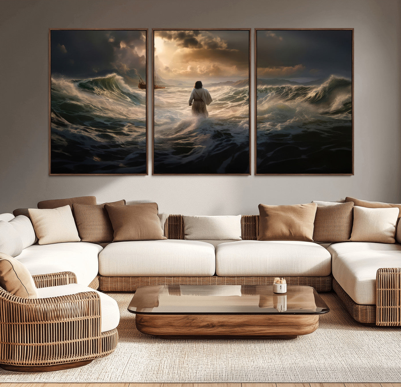 MGV-FC-60X30-3P - Jesus Walking on Water Wall Art Canvas Print - Religious Spiritual Decor - Jesus Wall Art Canvas