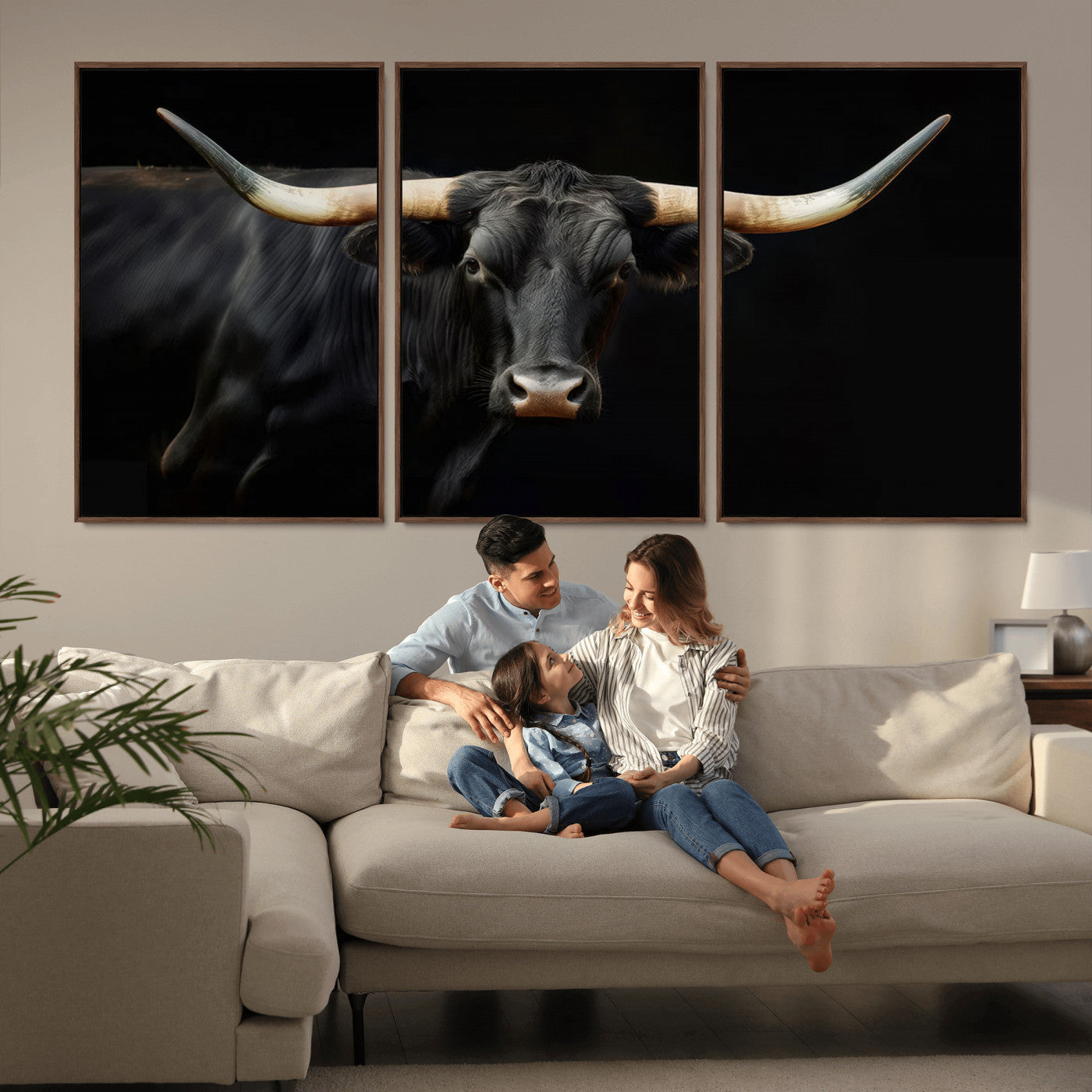 MGV-FC-60X30-3P - Texas Longhorn Cow | Majestic Black Bull Wall Art Canvas Print - Farmhouse Animal Decor - Ready to