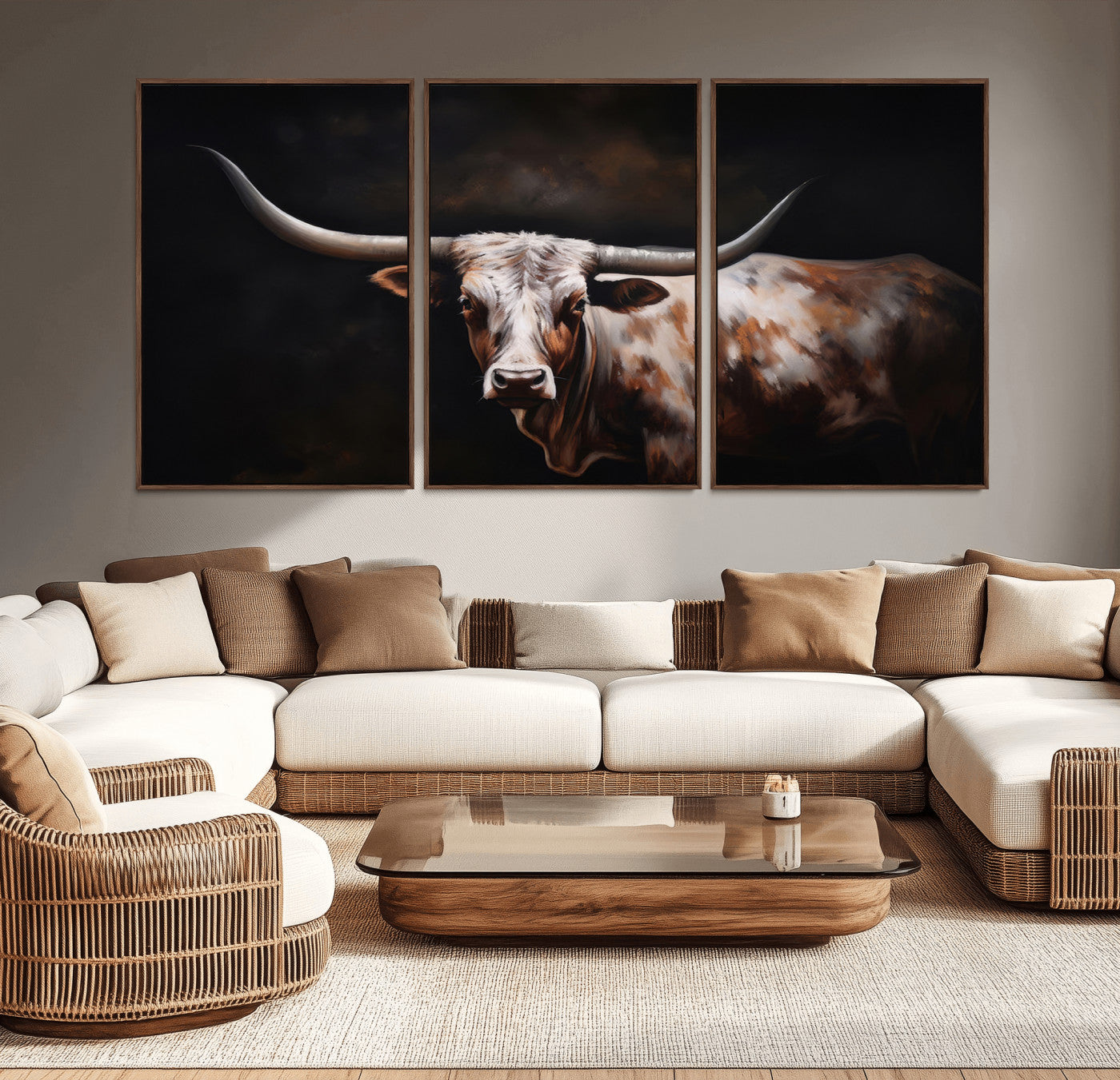 MGV-FC-60X30-3P - Texas Longhorn Wall Art Canvas Print | Western Ranch Decor | Bold Rustic Cattle Artwork | Ready to