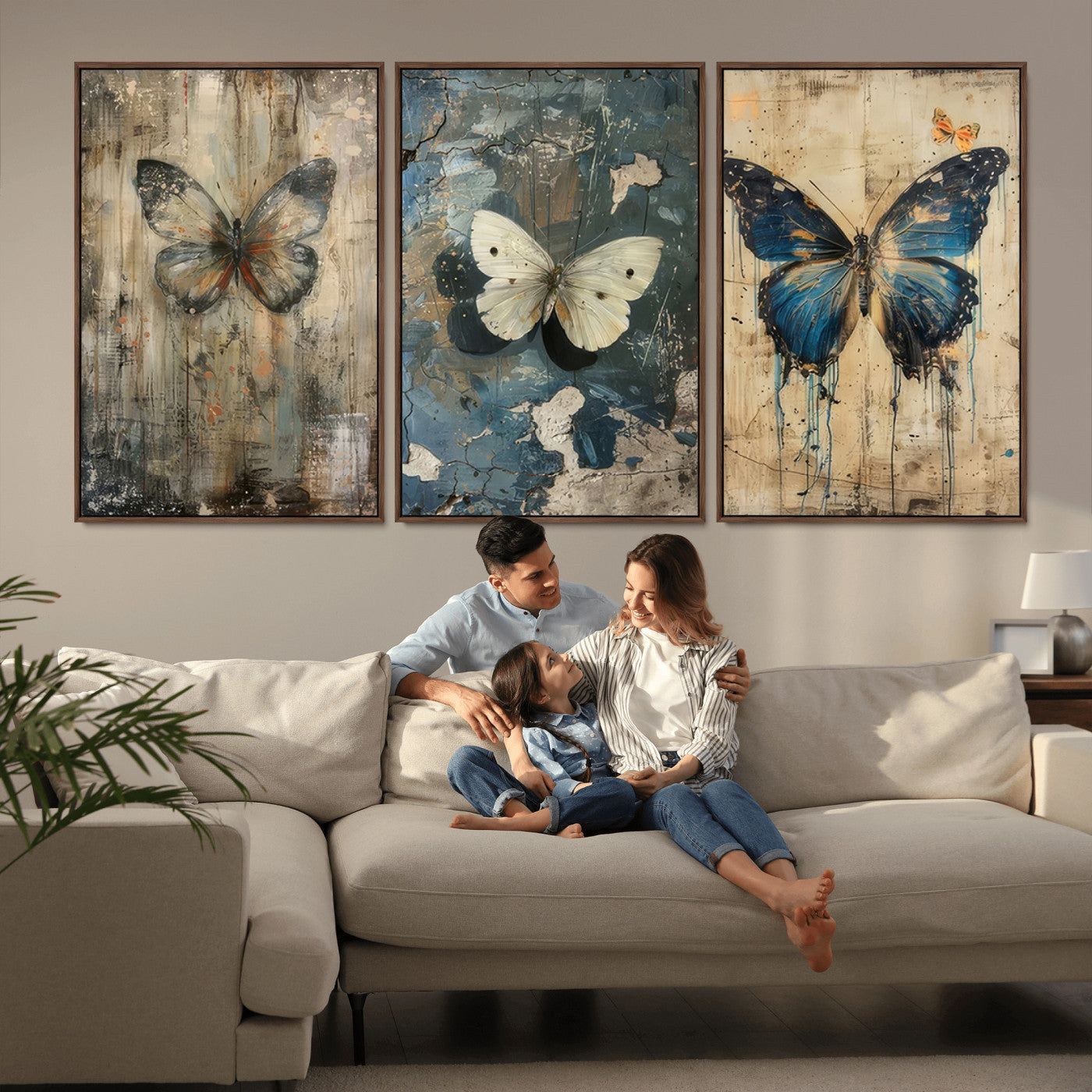 MGV-FC-60X30-3P - Butterfly Wall Art Trio | Vintage Butterfly Canvas Print | Ready to Hang Framed Artwork for