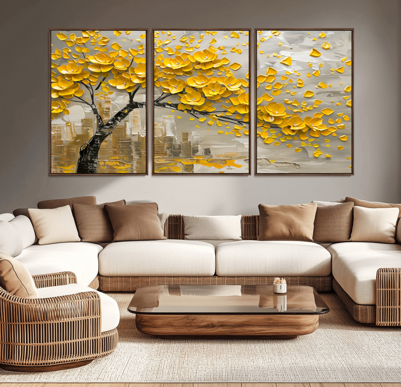 MGV-FC-60X30-3P - Yellow Blossom Tree Canvas Wall Art - Floral Abstract Modern Contemporary Artwork for Living Room or