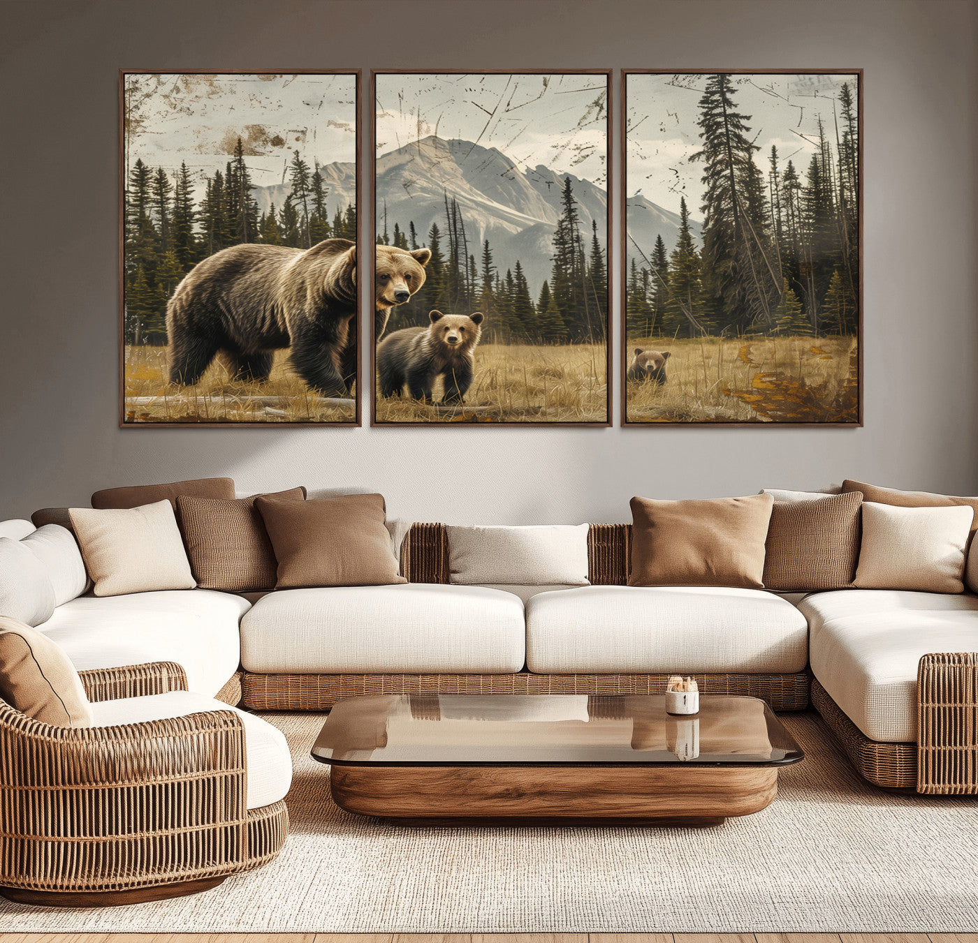 MGV-FC-60X30-3P - Rustic Grizzly 399 Bear Family Wall Art Canvas Print