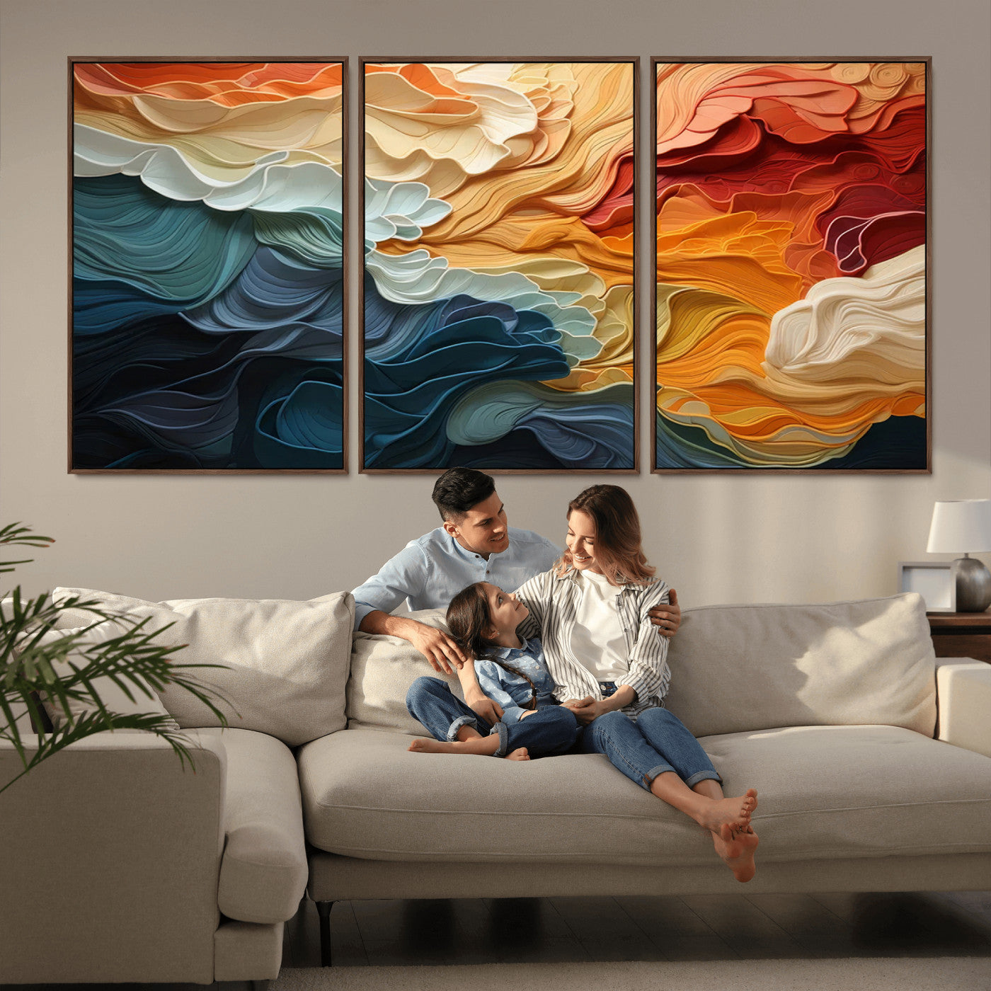 MGV-FC-60X30-3P - Blue Orange Abstract Wave Wall Art Canvas Print, Framed Blue Orange Wave Wall Art