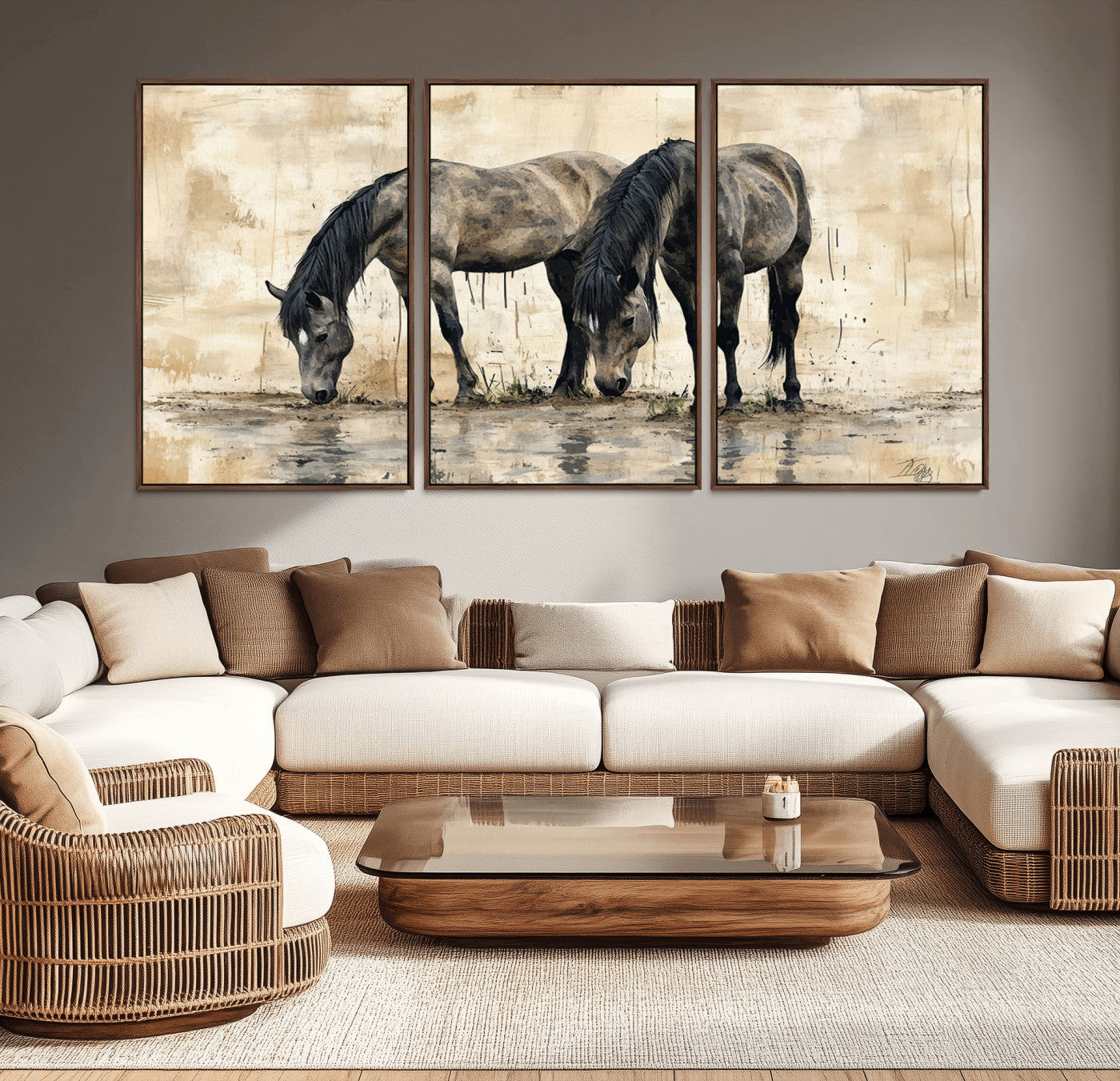 MGV-FC-60X30-3P - Chinese Style Abstract Black Horses Wall Art Canvas Print - Abstract Horse Wall Art Canvas Print