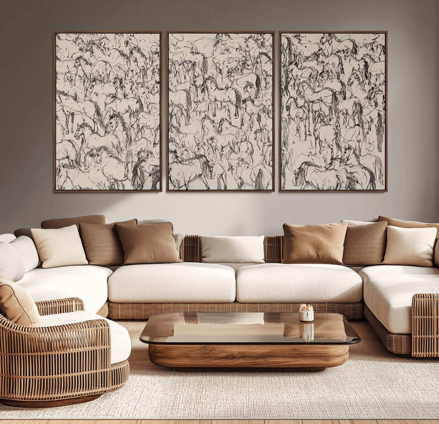 MGV-FC-60X30-3P - Abstract Horse Sketch Wall Art | Ready to Hang and Framed | Farmhouse Wall Decor for Living Room or