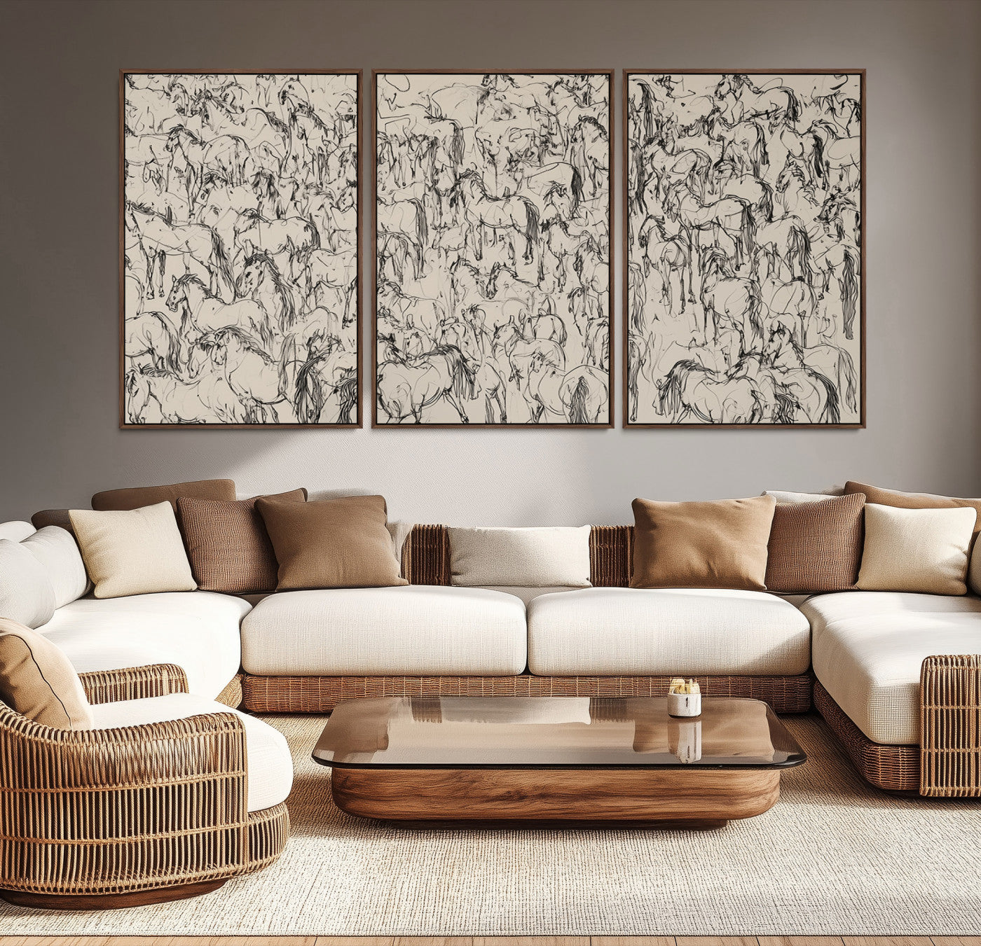 MGV-FC-60X30-3P - Abstract Horse Sketch Wall Art | Ready to Hang and Framed | Farmhouse Wall Decor for Living Room or