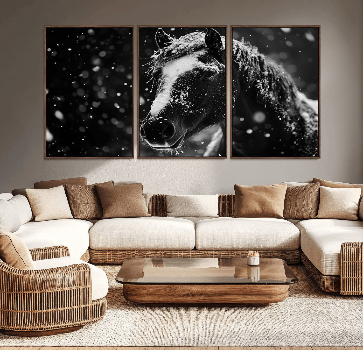 MGV-FC-60X30-3P - Winter Horse Wall Art | Black and White Horse Print | Ready to Hang and Framed | Farmhouse Wall Art