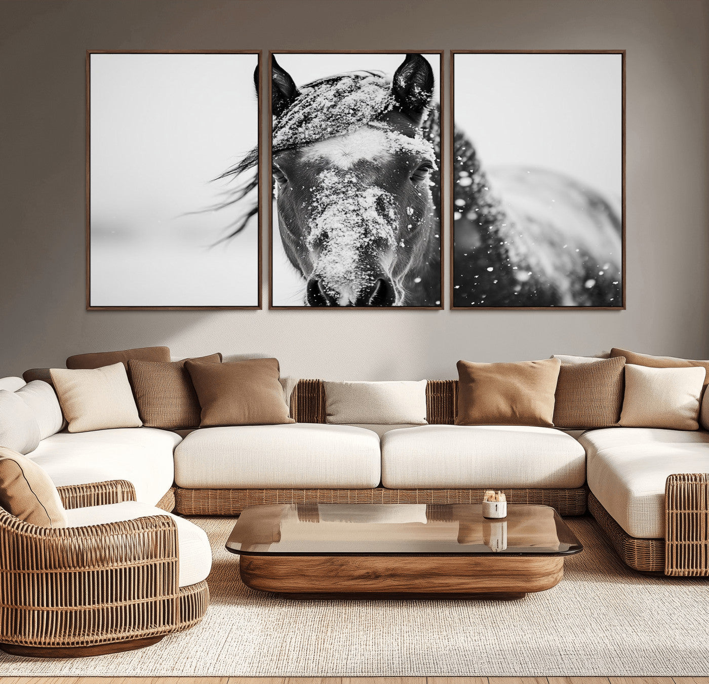 MGV-FC-60X30-3P - Western Wall Art | Black and White Winter Horse Wall Art | Ready to Hang and Framed | Farmhouse and