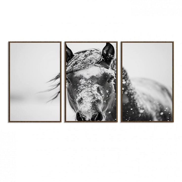 This black and white winter horse wall art enhances any decor; it is ready to hang and framed for a farmhouse or Western style.