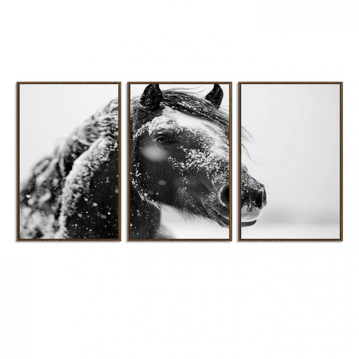 A large 3-panel rustic farmhouse wall art showcases a black and white winter horse canvas print against a snowy backdrop.