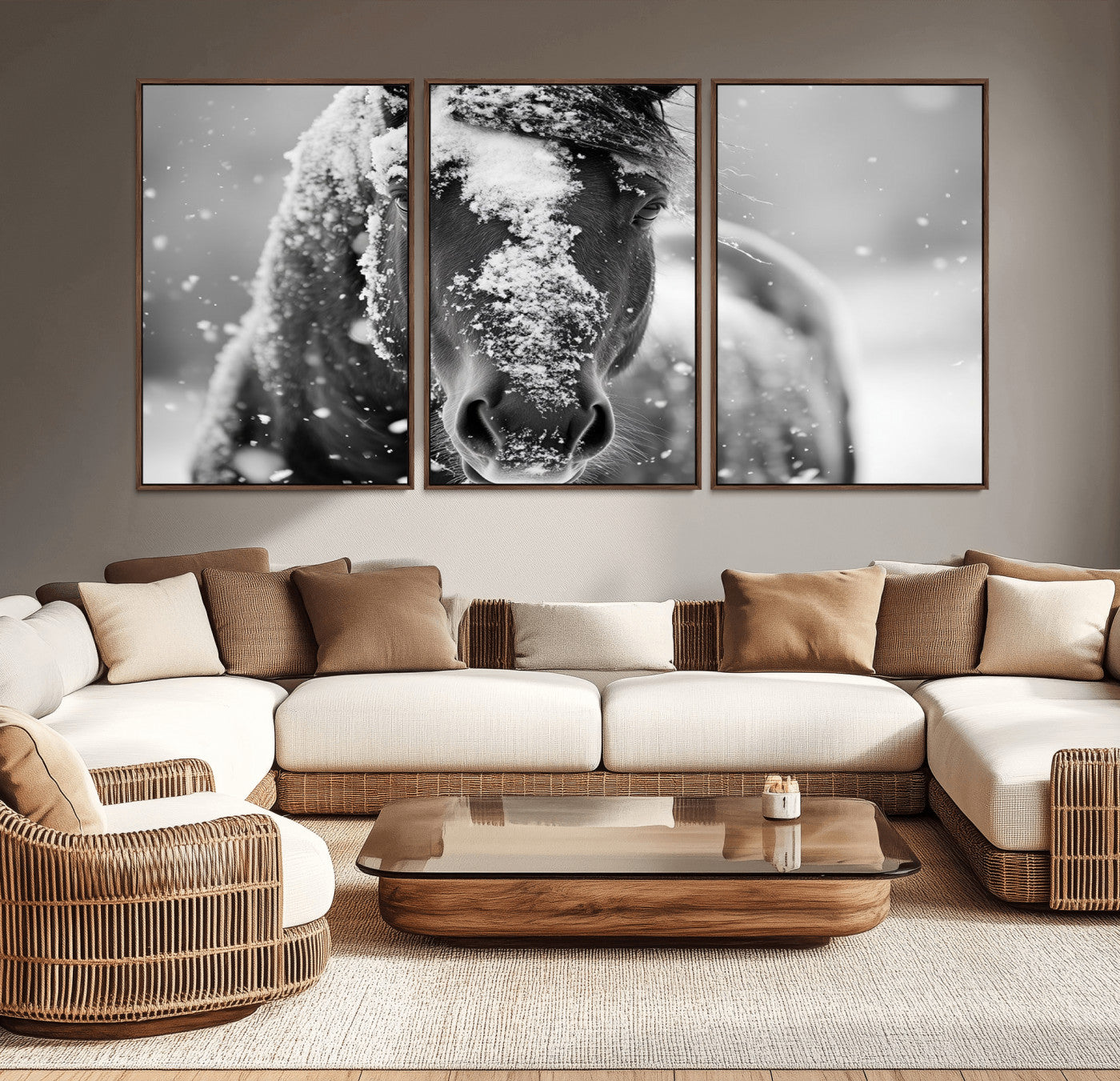 MGV-FC-60X30-3P - Black and White Horse Winter Wall Art | Ready to Hang and Framed | Farmhouse Wall Decor | Western