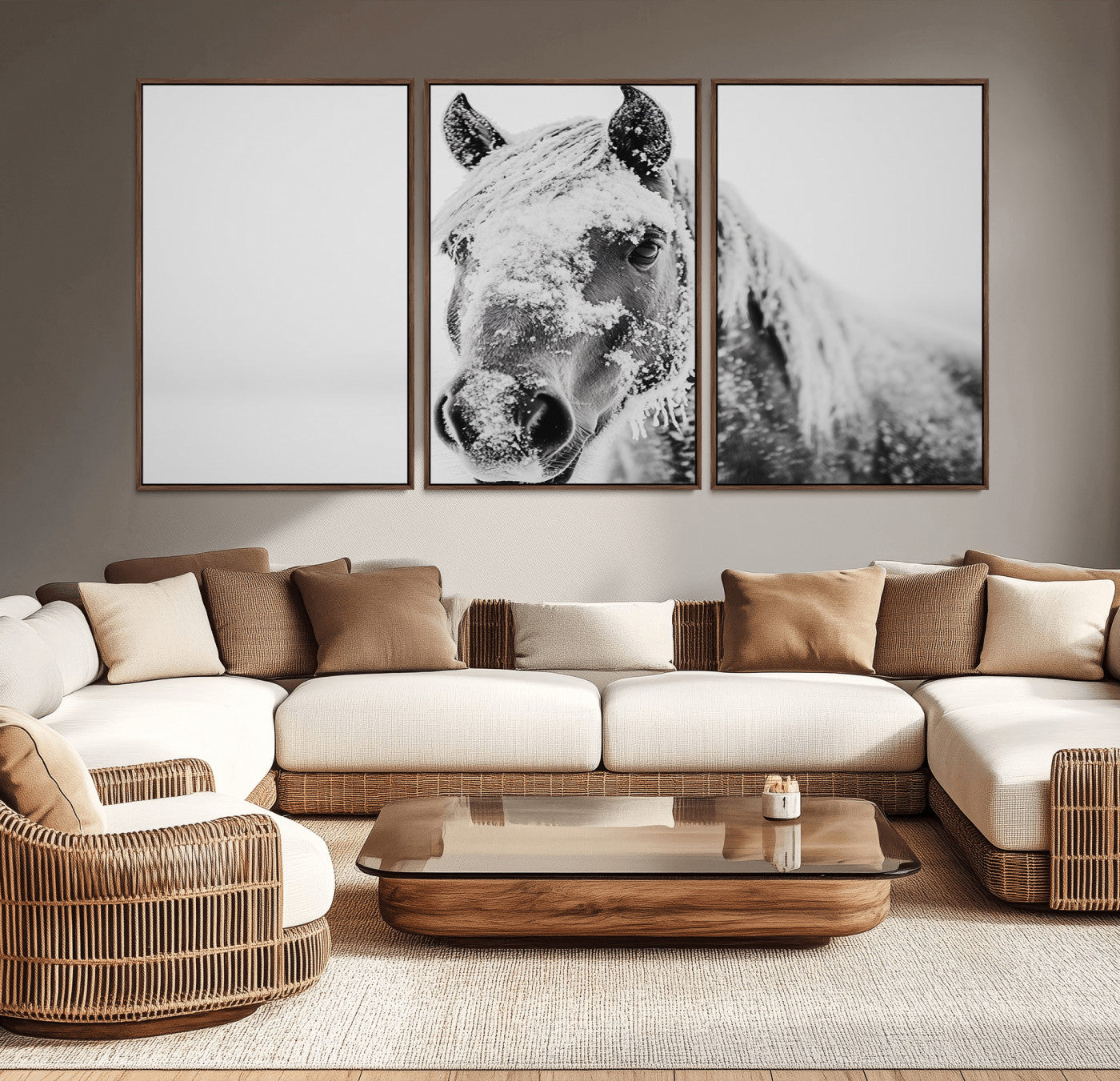 MGV-FC-60X30-3P - White Horse Wall Art | Ready to Hang and Framed | Winter Horse Wall Art Print for Farmhouse and