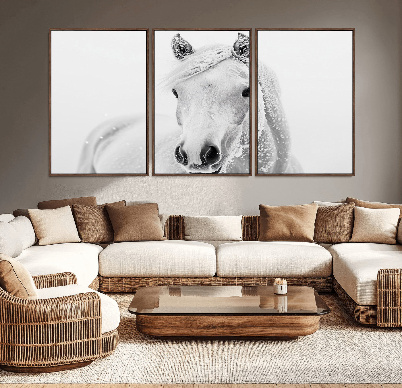 MGV-FC-60X30-3P - Majestic White Horse Wall Art | Ready to Hang and Framed | Farmhouse Wall Decor for Living Room
